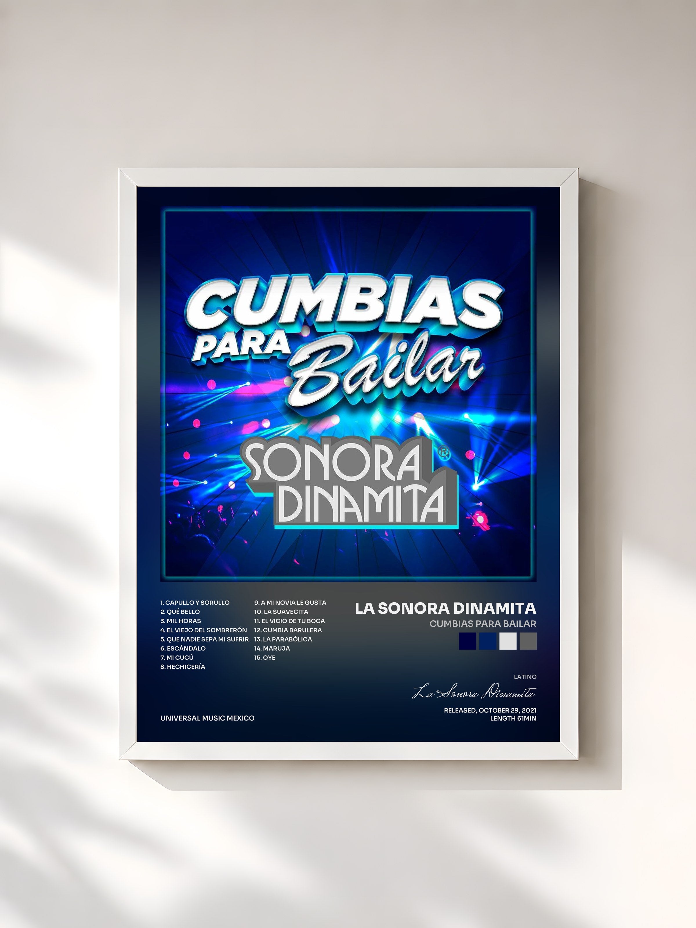 #blanc Tableau de l'album Cumbias Para Bailar de La Sonora Dinamita, cadre blanc, imprimé et encadré en France
