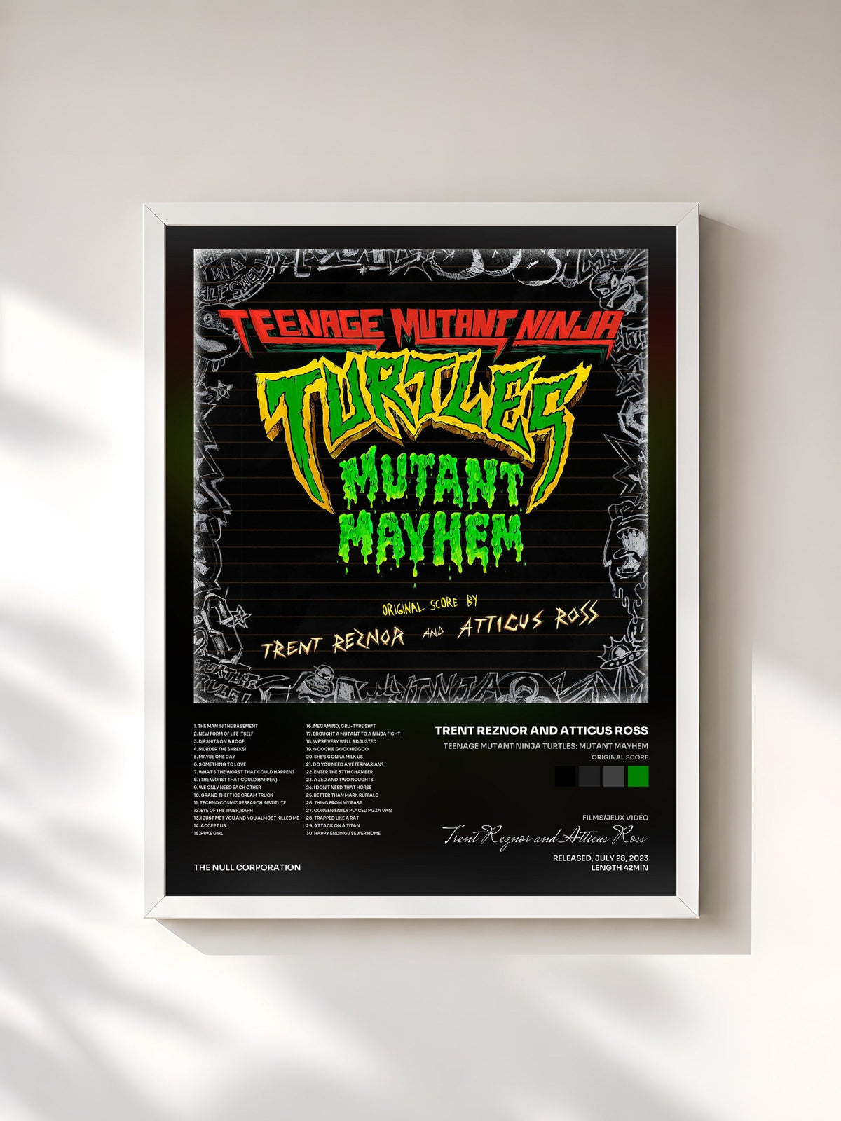 #blanc Tableau de l'album Teenage Mutant Ninja Turtles: Mutant Mayhem (Original Score) de Trent Reznor and Atticus Ross, cadre blanc, imprimé et encadré en France