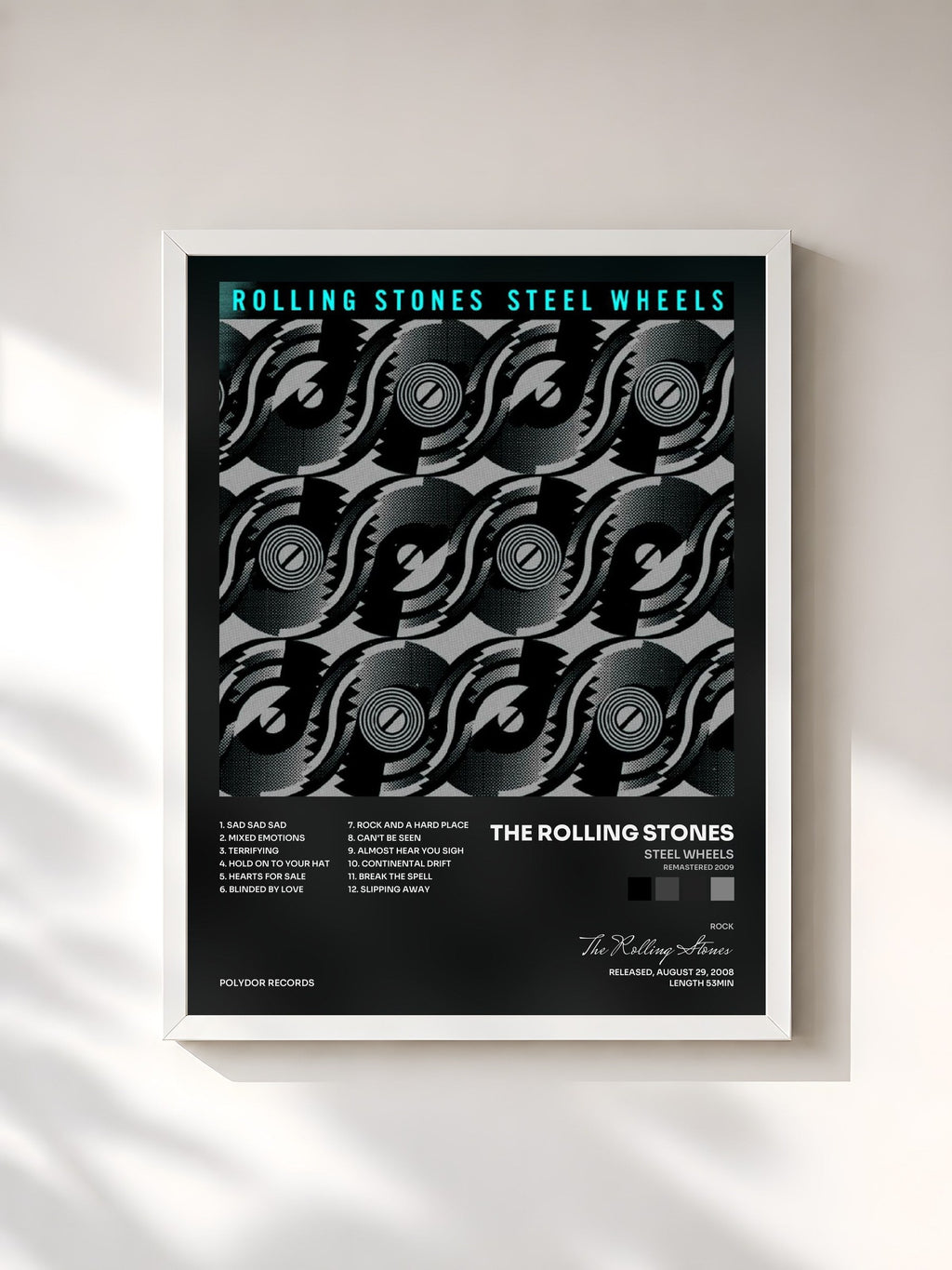 #blanc Tableau de l'album Steel Wheels (Remastered 2009) de The Rolling Stones, cadre blanc, imprimé et encadré en France