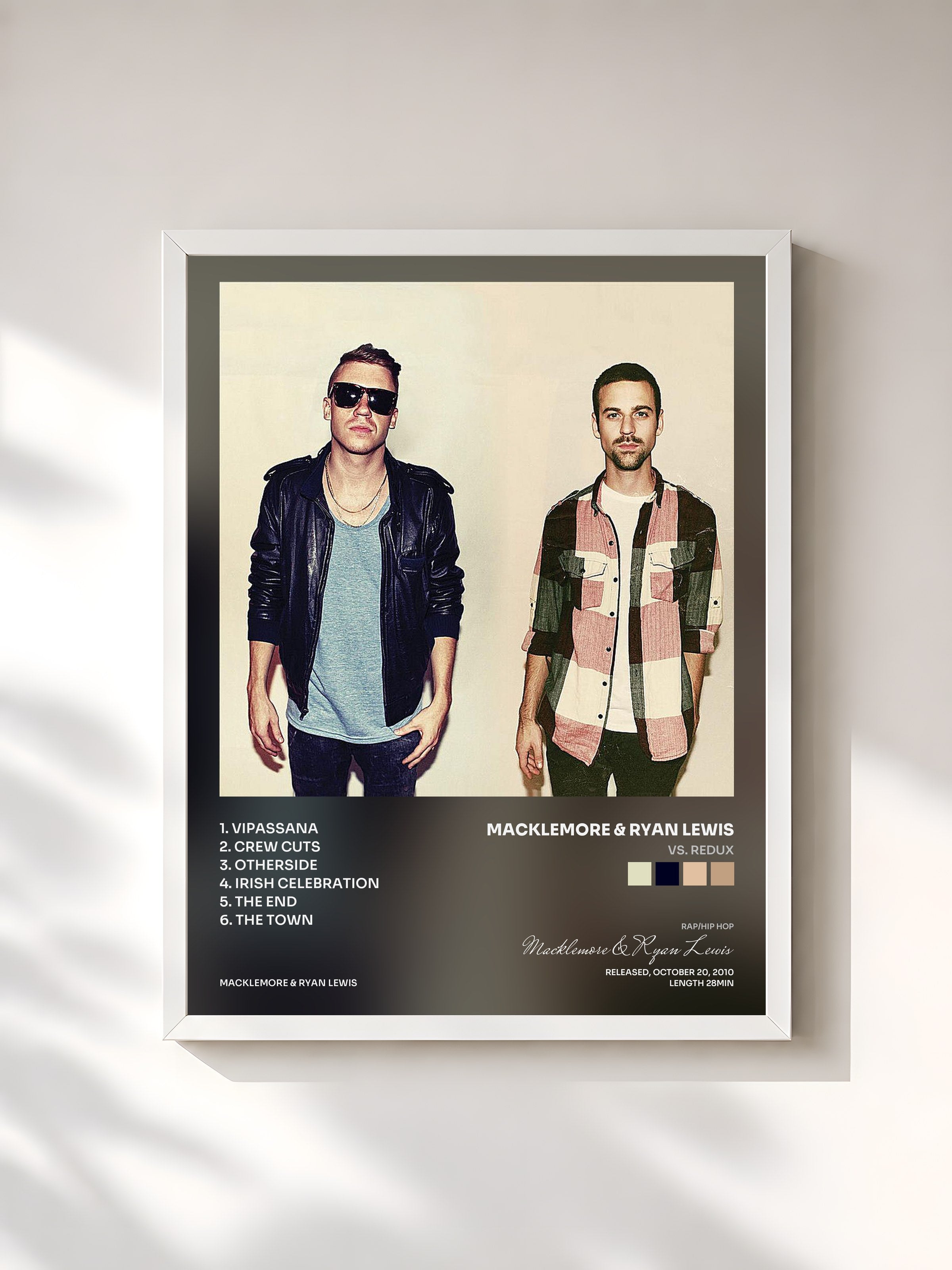 #blanc Tableau de l'album VS. Redux de Macklemore & Ryan Lewis, cadre blanc, imprimé et encadré en France