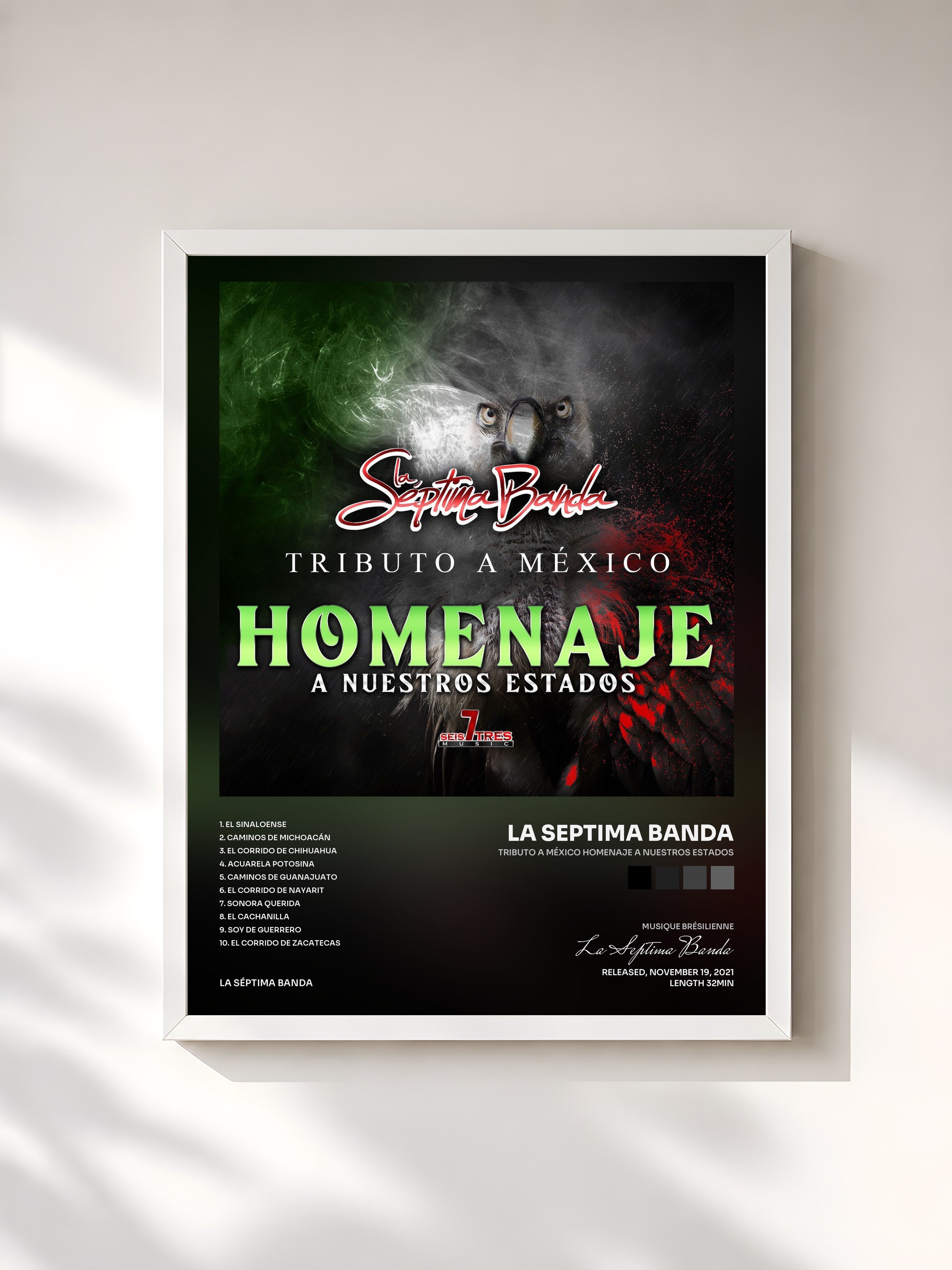 #blanc Tableau de l'album Tributo a México Homenaje a Nuestros Estados de La Septima Banda, cadre blanc, imprimé et encadré en France