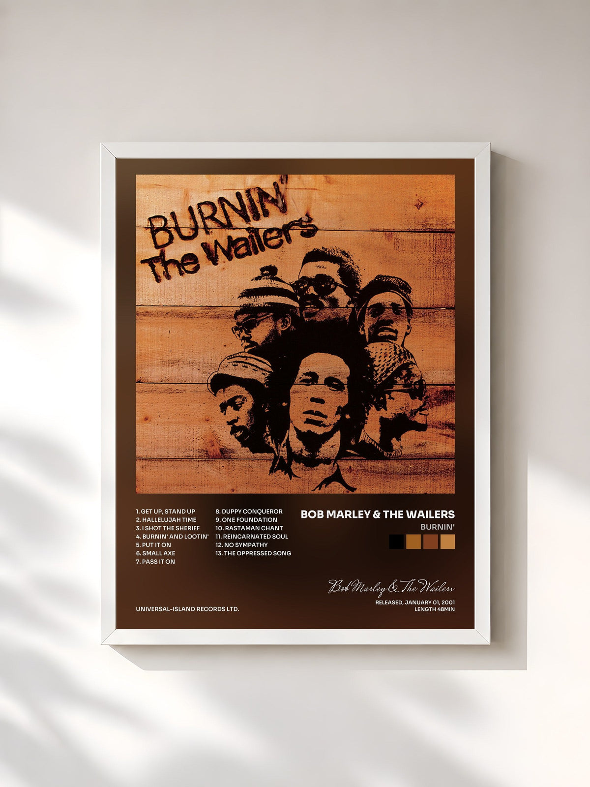 #blanc Tableau de l'album Burnin' de Bob Marley & The Wailers, cadre blanc, imprimé et encadré en France