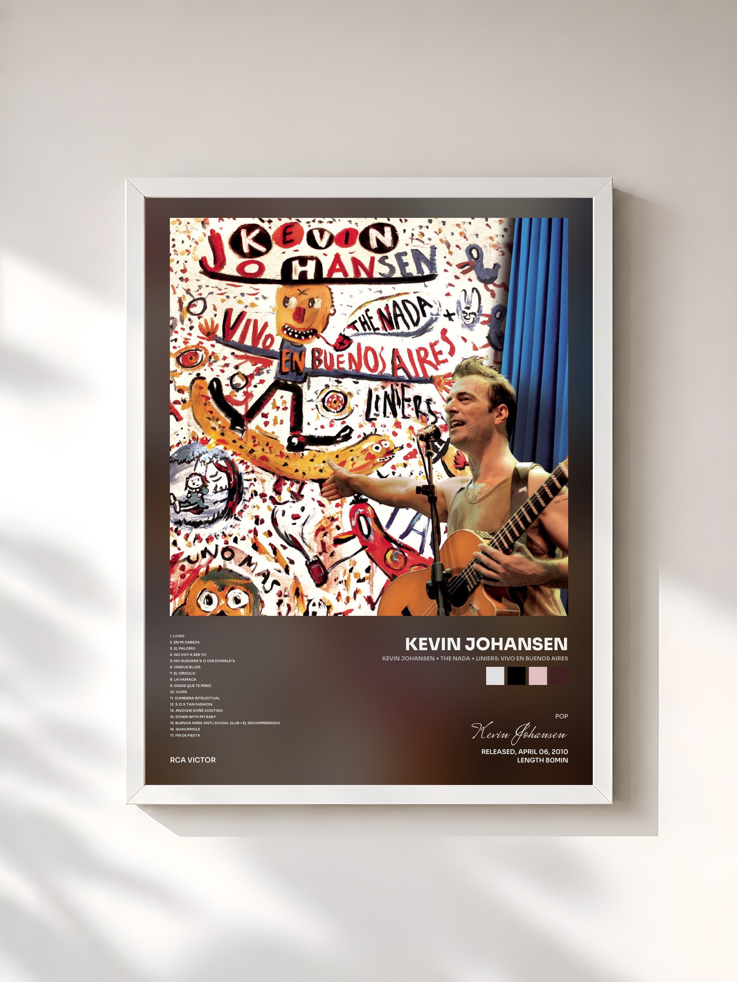 #blanc Tableau de l'album Kevin Johansen + The Nada + Liniers: Vivo En Buenos Aires de Kevin Johansen, cadre blanc, imprimé et encadré en France