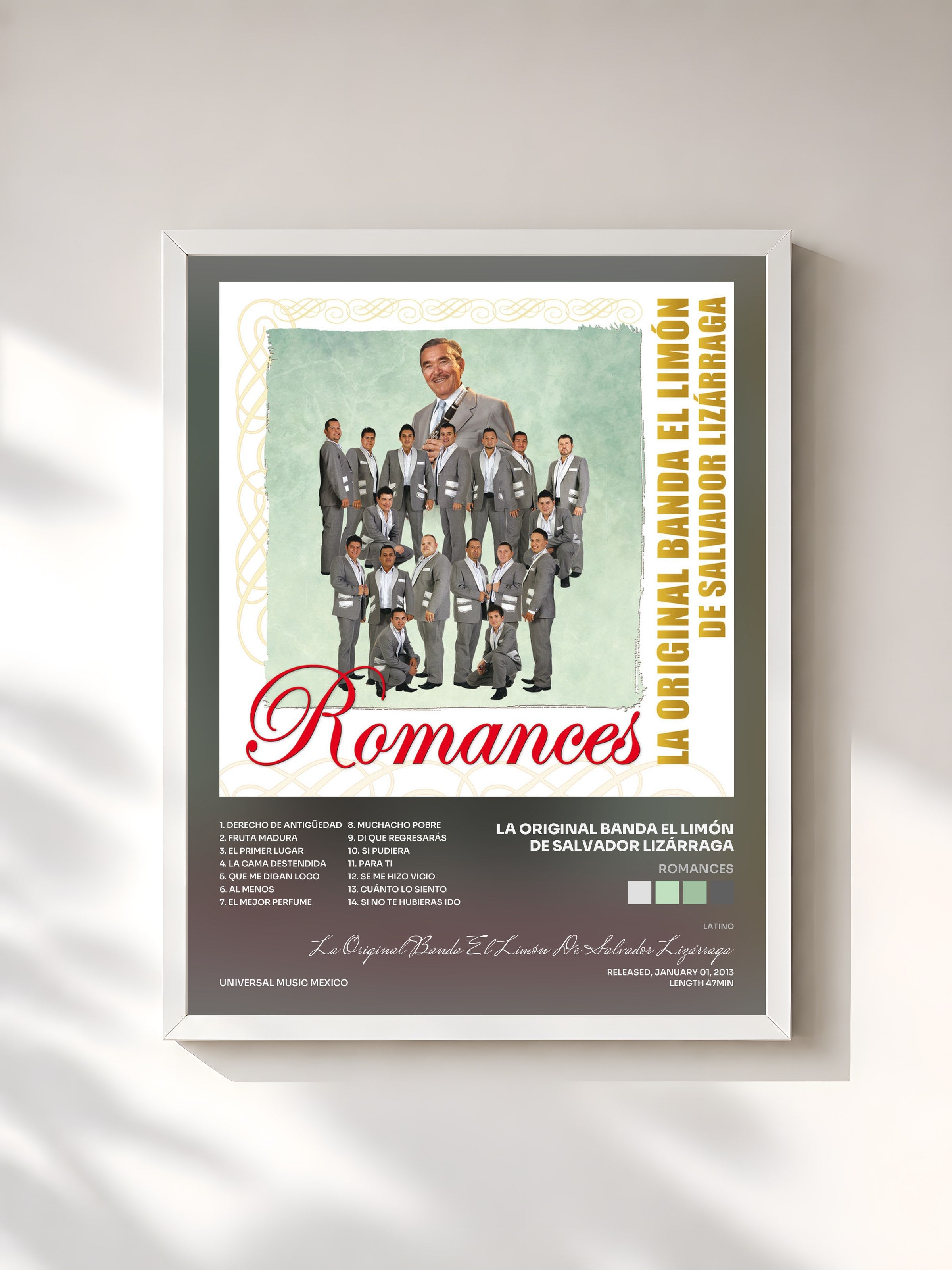 #blanc Tableau de l'album Romances de La Original Banda El Limón De Salvador Lizárraga, cadre blanc, imprimé et encadré en France