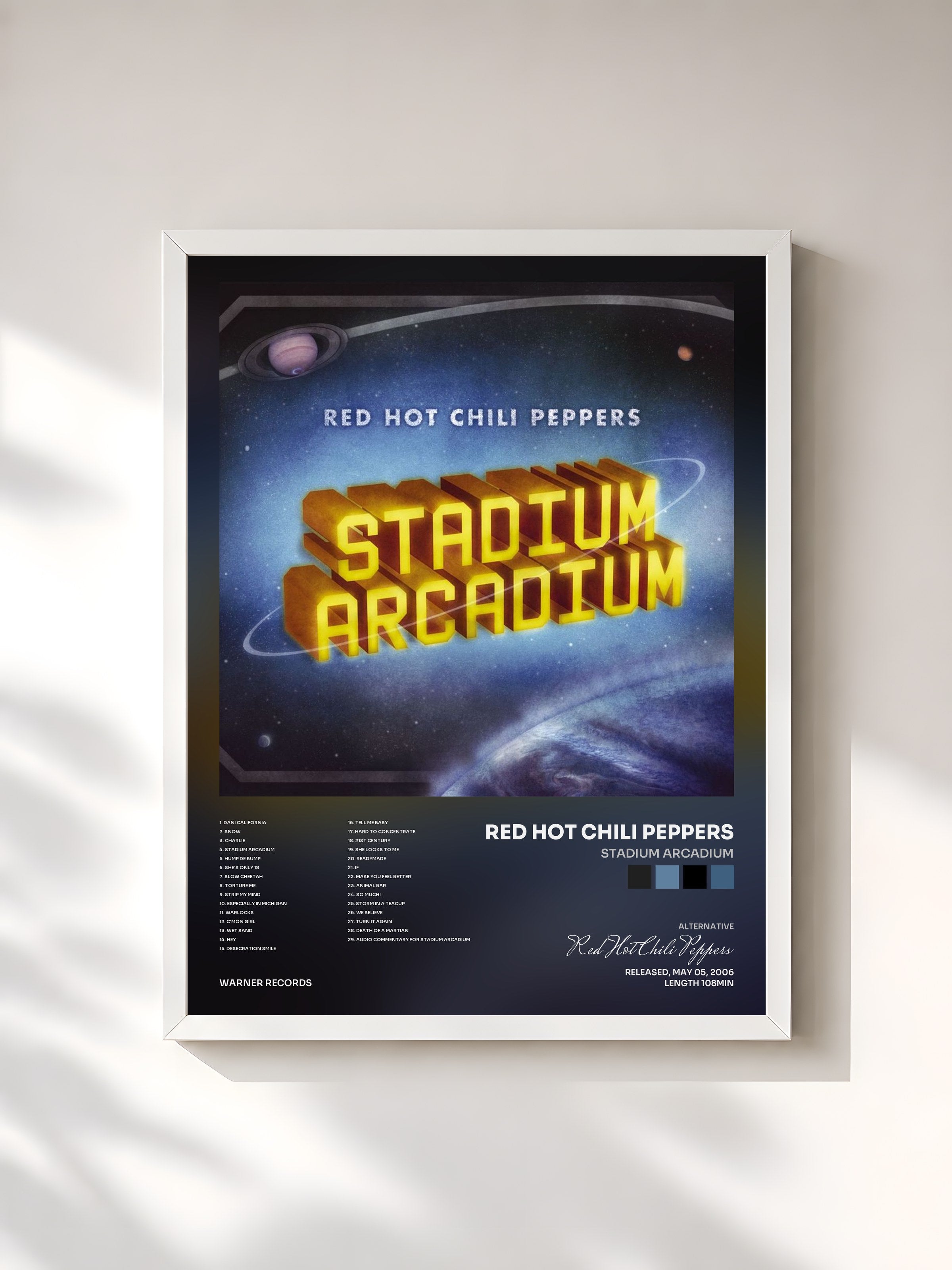 #blanc Tableau de l'album Stadium Arcadium de Red Hot Chili Peppers, cadre blanc, imprimé et encadré en France