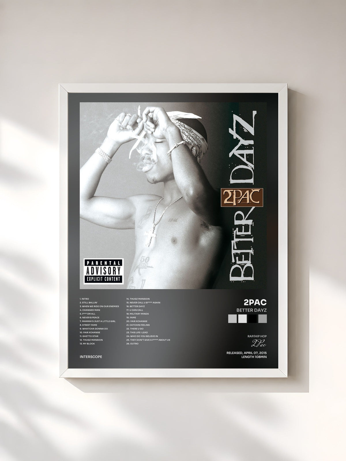 #blanc Tableau de l'album Better Dayz de 2Pac, cadre blanc, imprimé et encadré en France