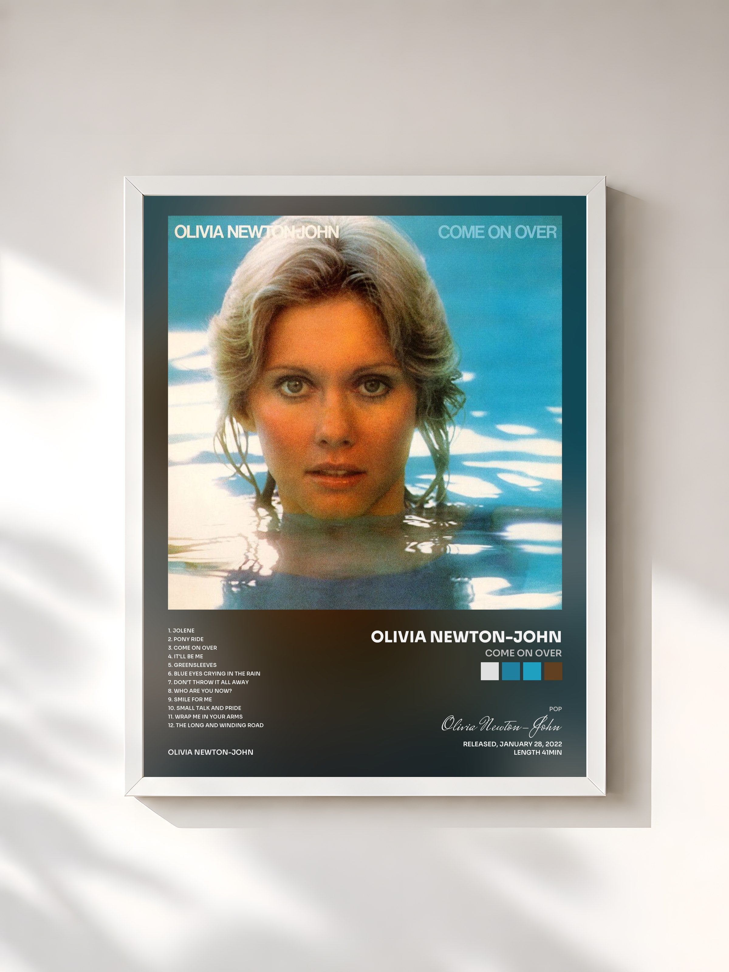 #blanc Tableau de l'album Come On Over de Olivia Newton-John, cadre blanc, imprimé et encadré en France