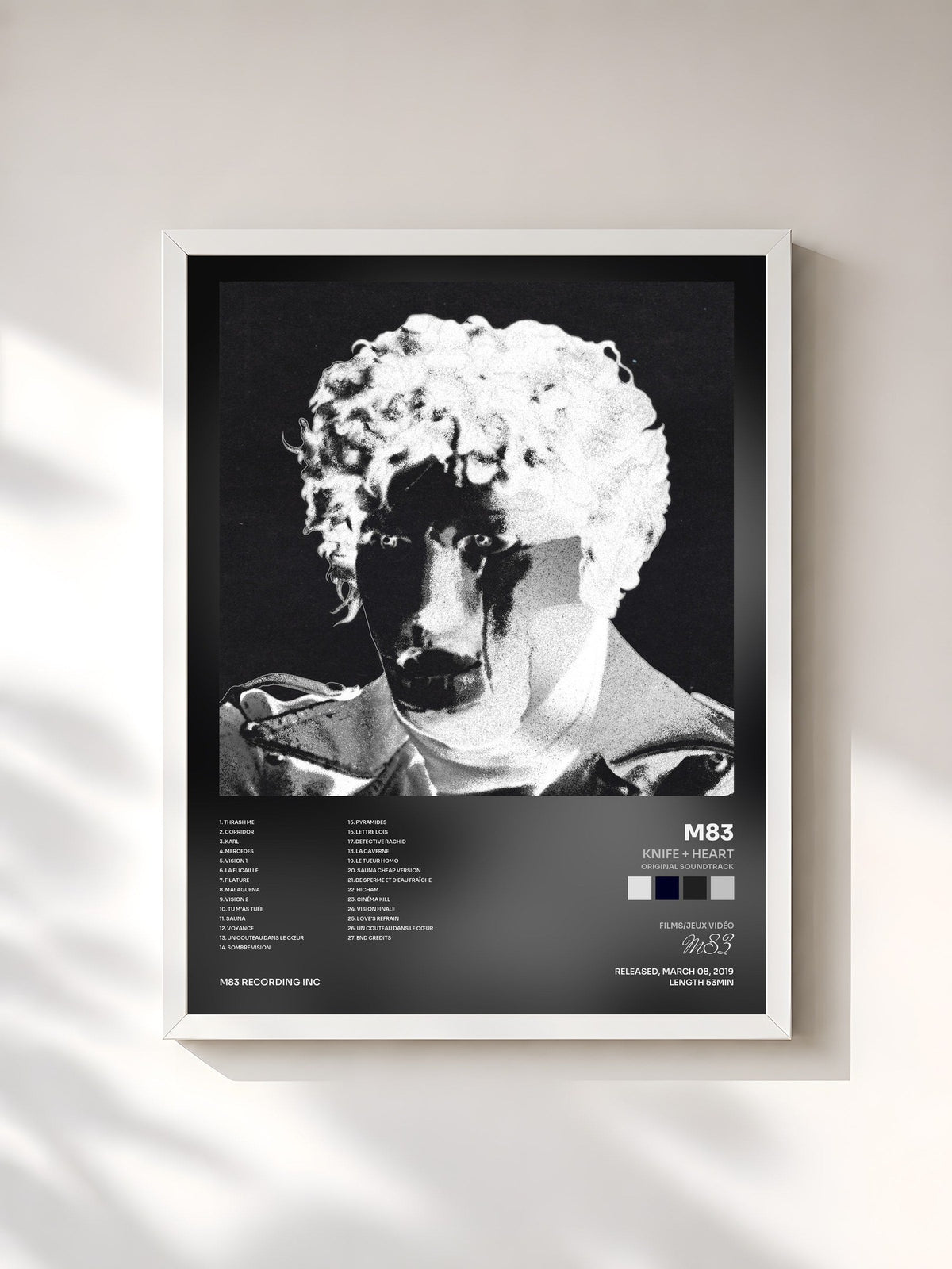 #blanc Tableau de l'album Knife + Heart (Original Soundtrack) de M83, cadre blanc, imprimé et encadré en France