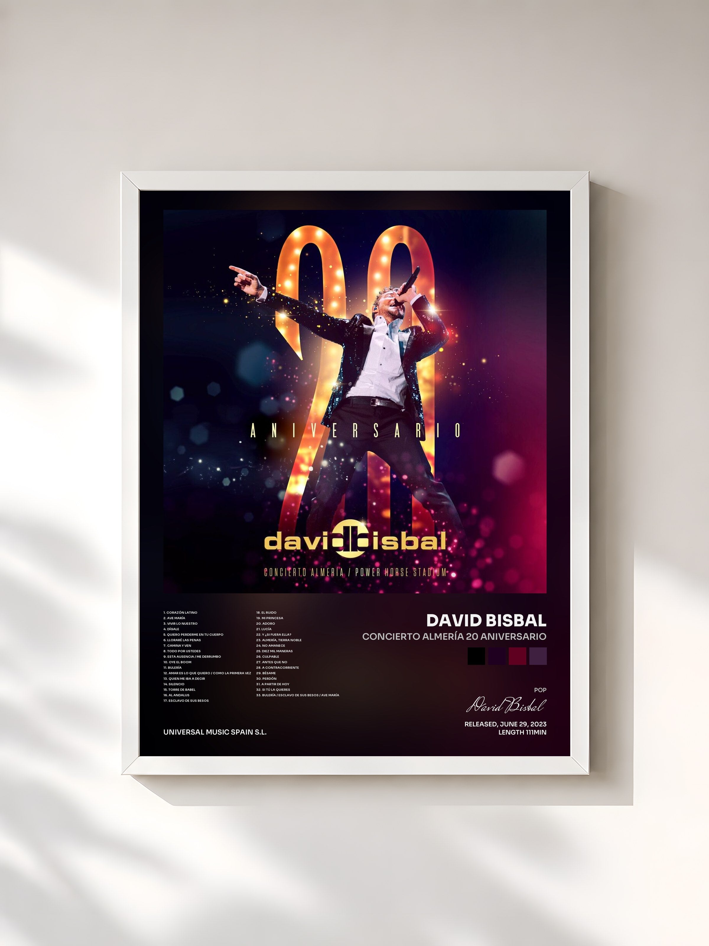 #blanc Tableau de l'album Concierto Almería 20 Aniversario de David Bisbal, cadre blanc, imprimé et encadré en France