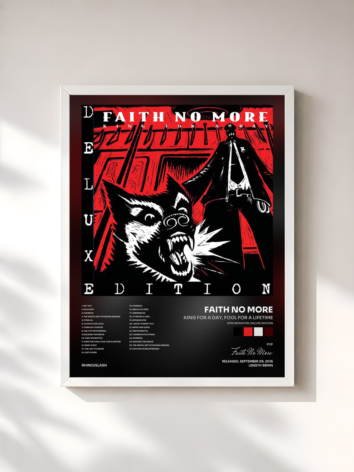 #blanc Tableau de l'album King for a Day, Fool for a Lifetime (2016 Remaster; Deluxe Edition) de Faith No More, cadre blanc, imprimé et encadré en France