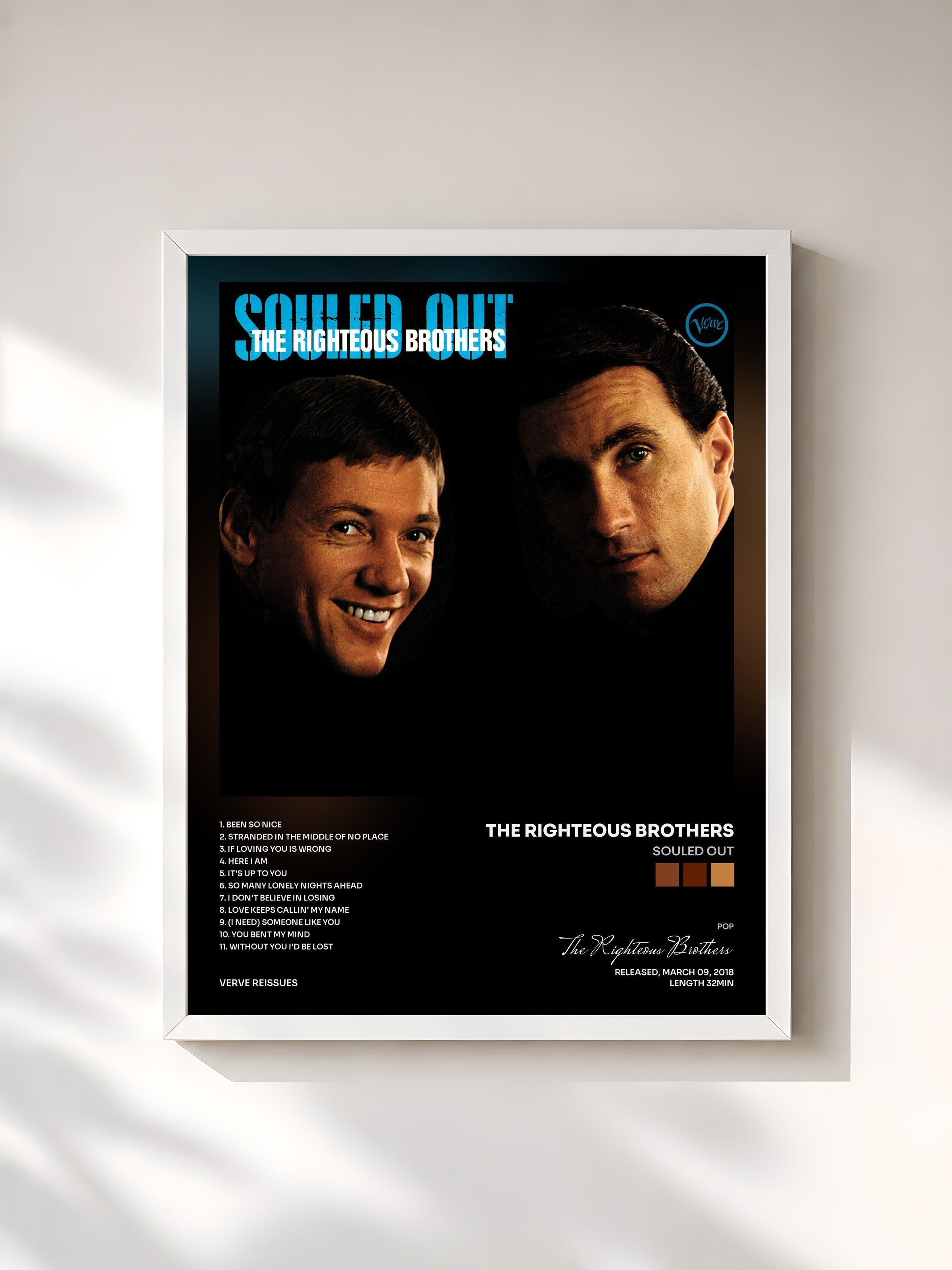#blanc Tableau de l'album Souled Out de The Righteous Brothers, cadre blanc, imprimé et encadré en France