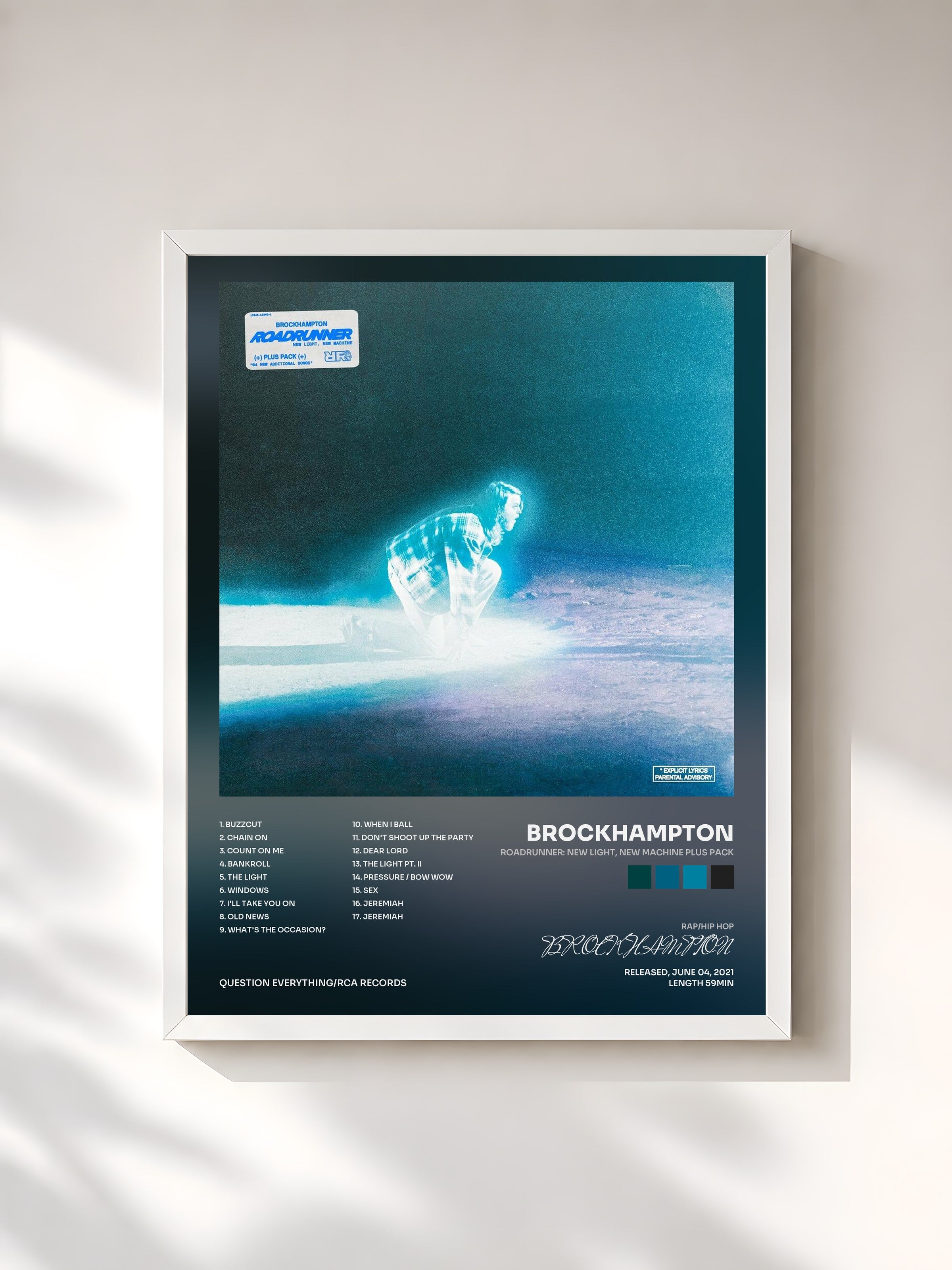 #blanc Tableau de l'album ROADRUNNER: NEW LIGHT, NEW MACHINE PLUS PACK de BROCKHAMPTON, cadre blanc, imprimé et encadré en France