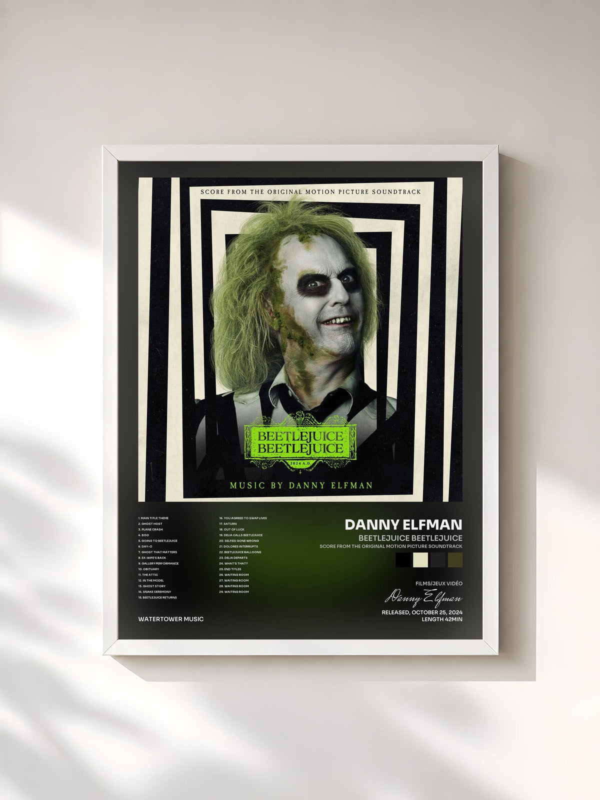 #blanc Tableau de l'album Beetlejuice Beetlejuice (Score from the Original Motion Picture Soundtrack) de Danny Elfman, cadre blanc, imprimé et encadré en France