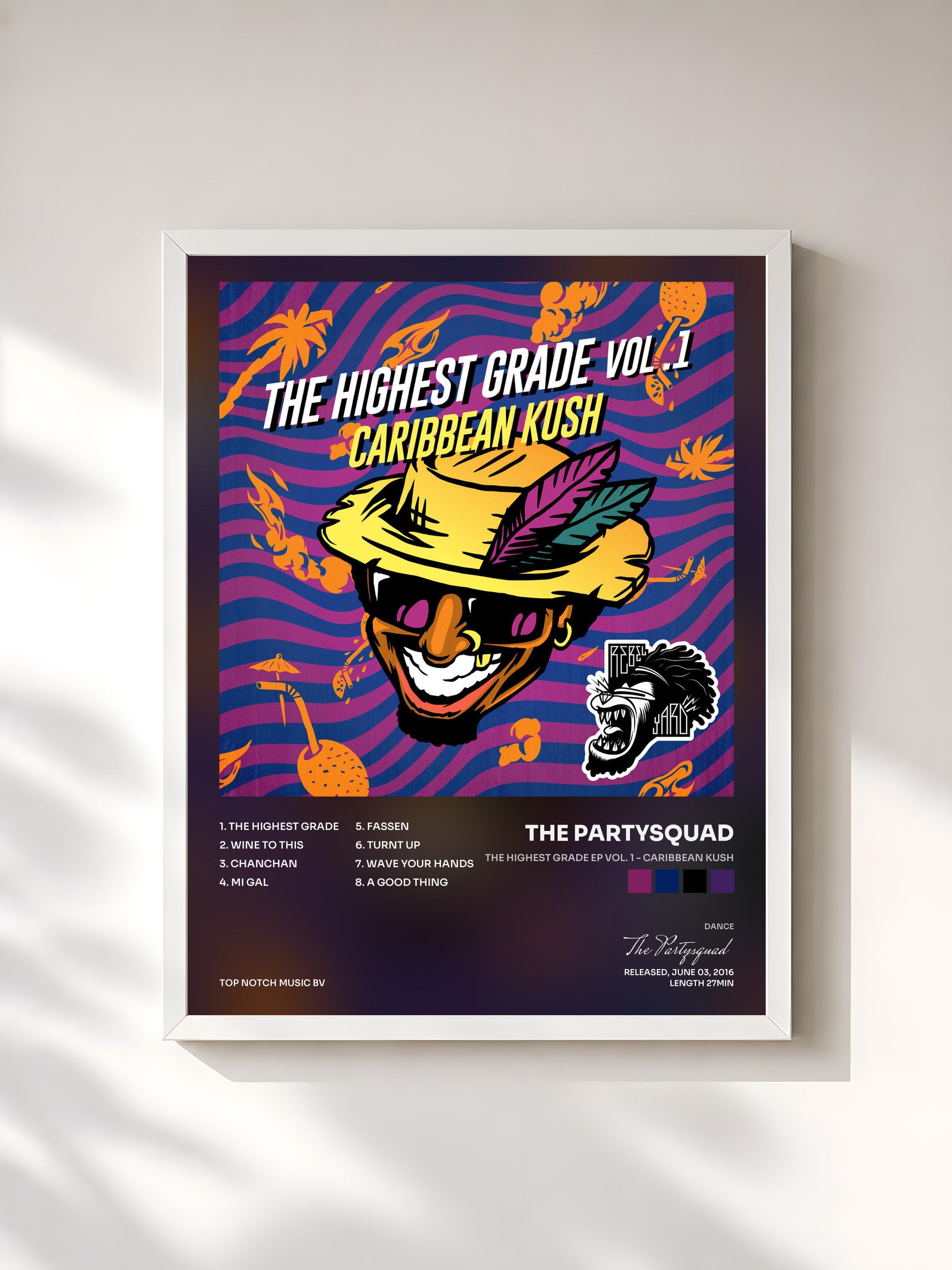 #blanc Tableau de l'album The Highest Grade EP Vol. 1 - Caribbean Kush de The Partysquad, cadre blanc, imprimé et encadré en France