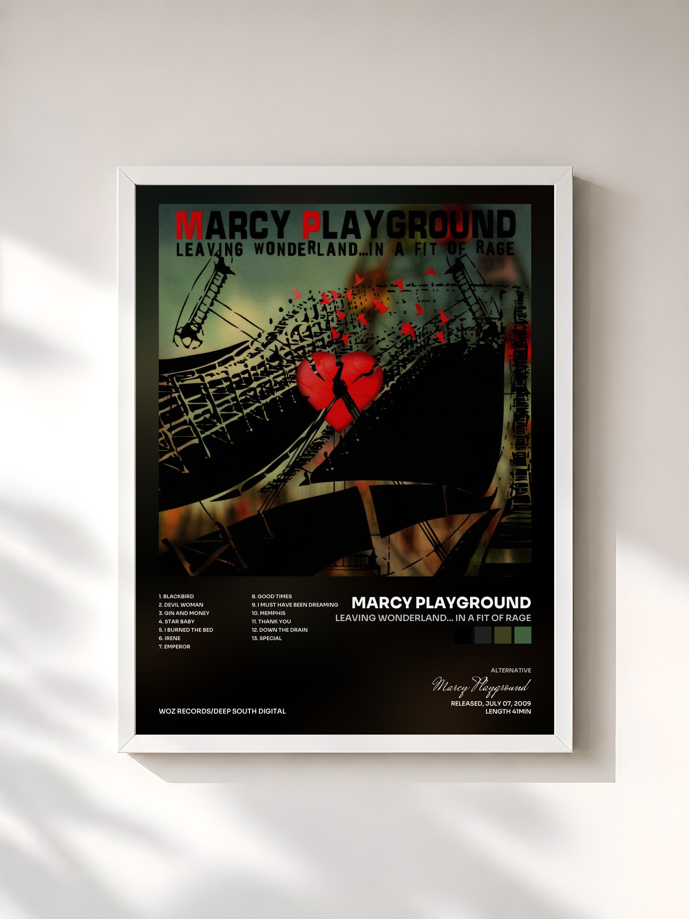 #blanc Tableau de l'album Leaving Wonderland... In A Fit of Rage de Marcy Playground, cadre blanc, imprimé et encadré en France