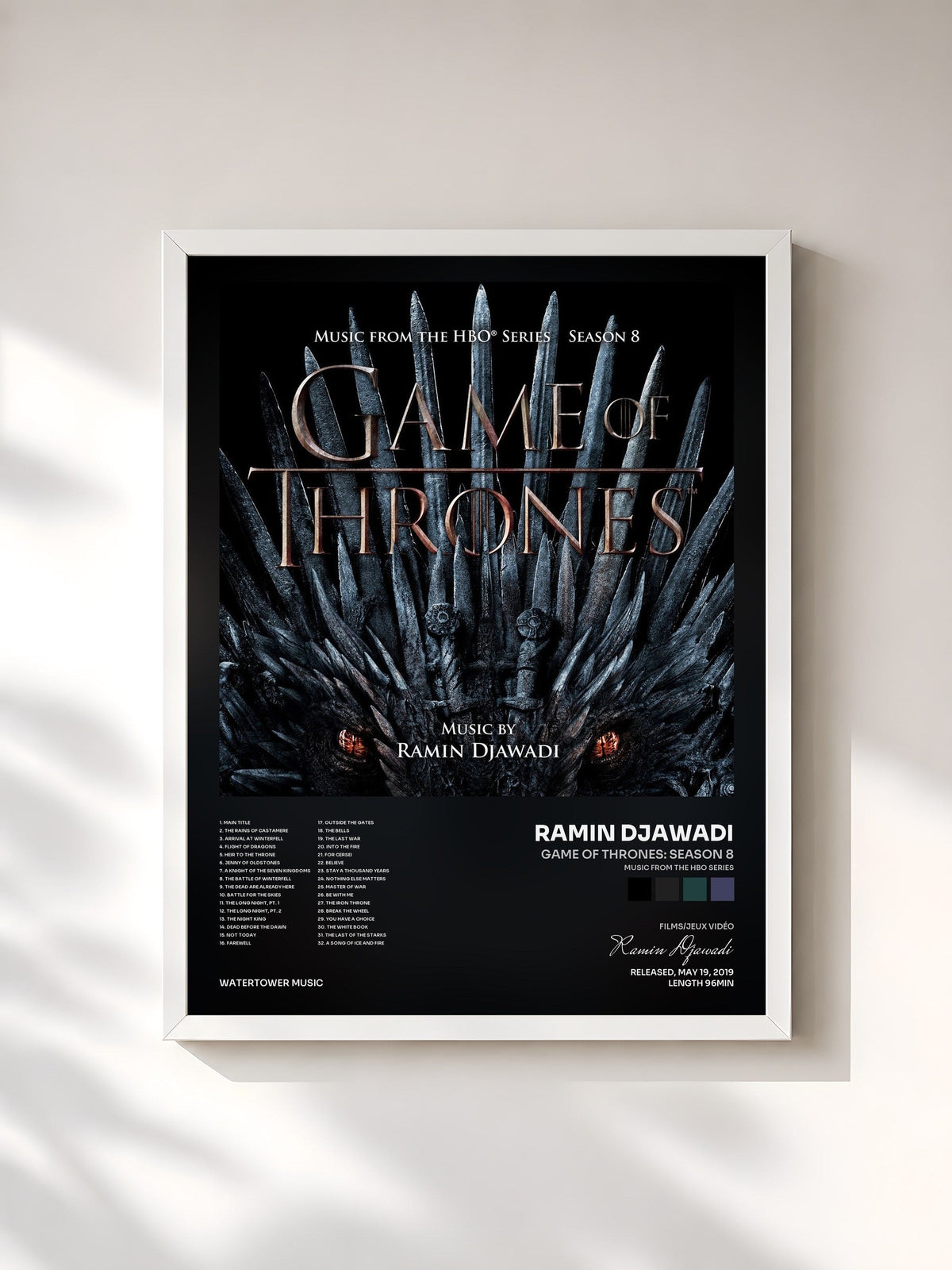 #blanc Tableau de l'album Game Of Thrones: Season 8 (Music from the HBO Series) de Ramin Djawadi, cadre blanc, imprimé et encadré en France