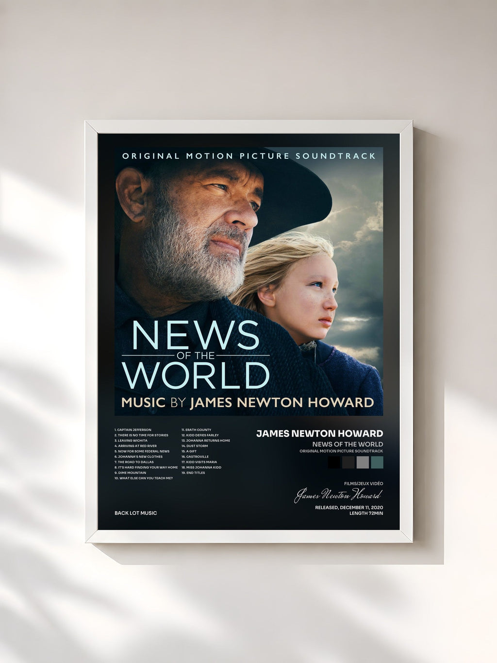 #blanc News Of The World (Original Motion Picture Soundtrack) von James Newton Howard als gerahmter Kunstdruck, weißer Rahmen, gedruckt und gerahmt in Frankreich