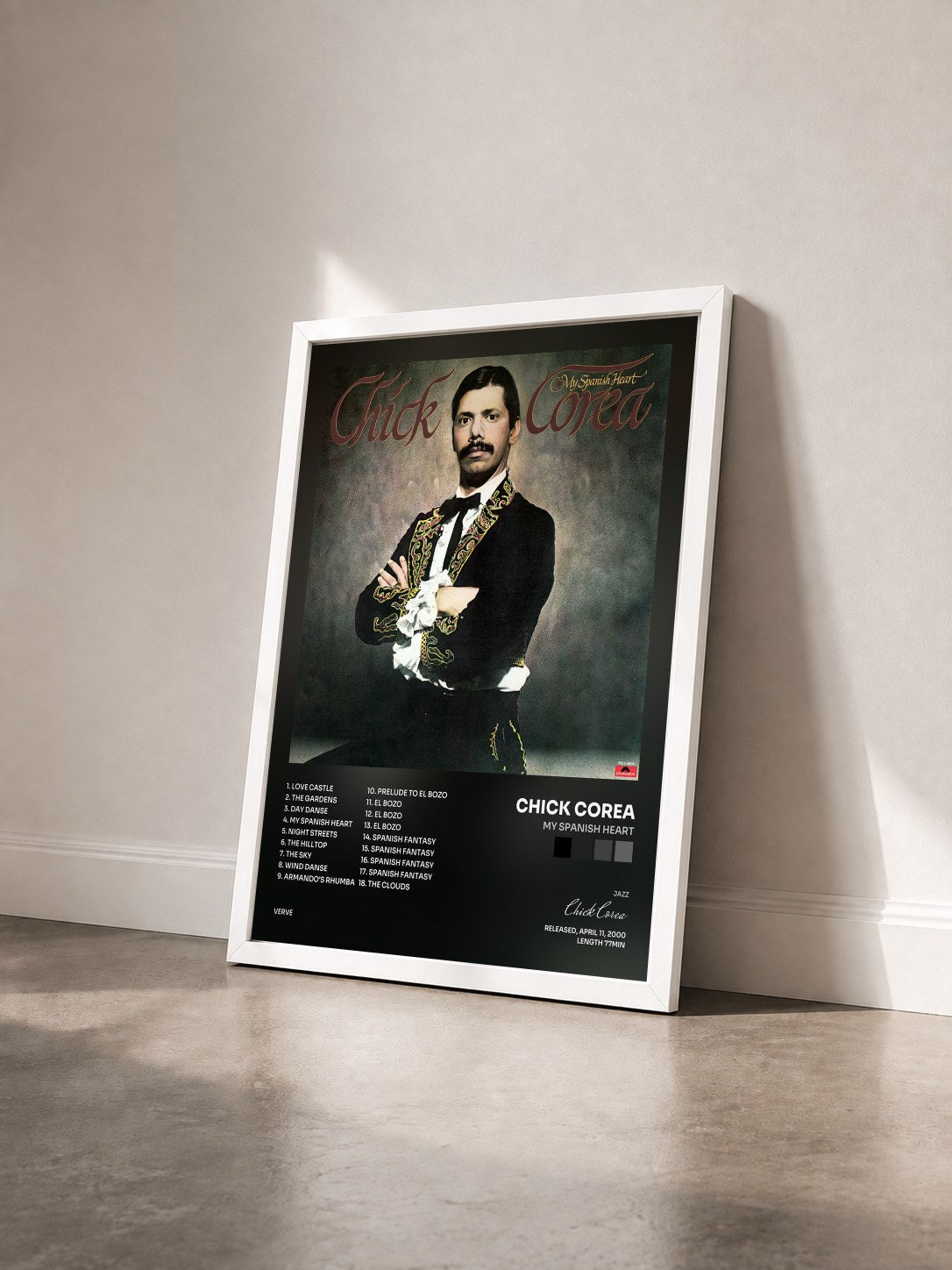 #blanc My Spanish Heart by Chick Corea as a framed art print seen at an angle, white frame