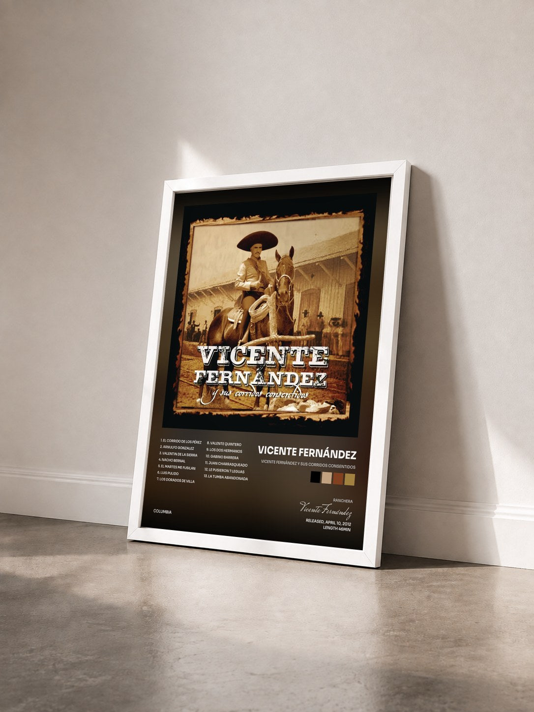 #blanc Tableau de l'album Vicente Fernández Y Sus Corridos Consentidos de Vicente Fernández vu de trois quarts, cadre blanc