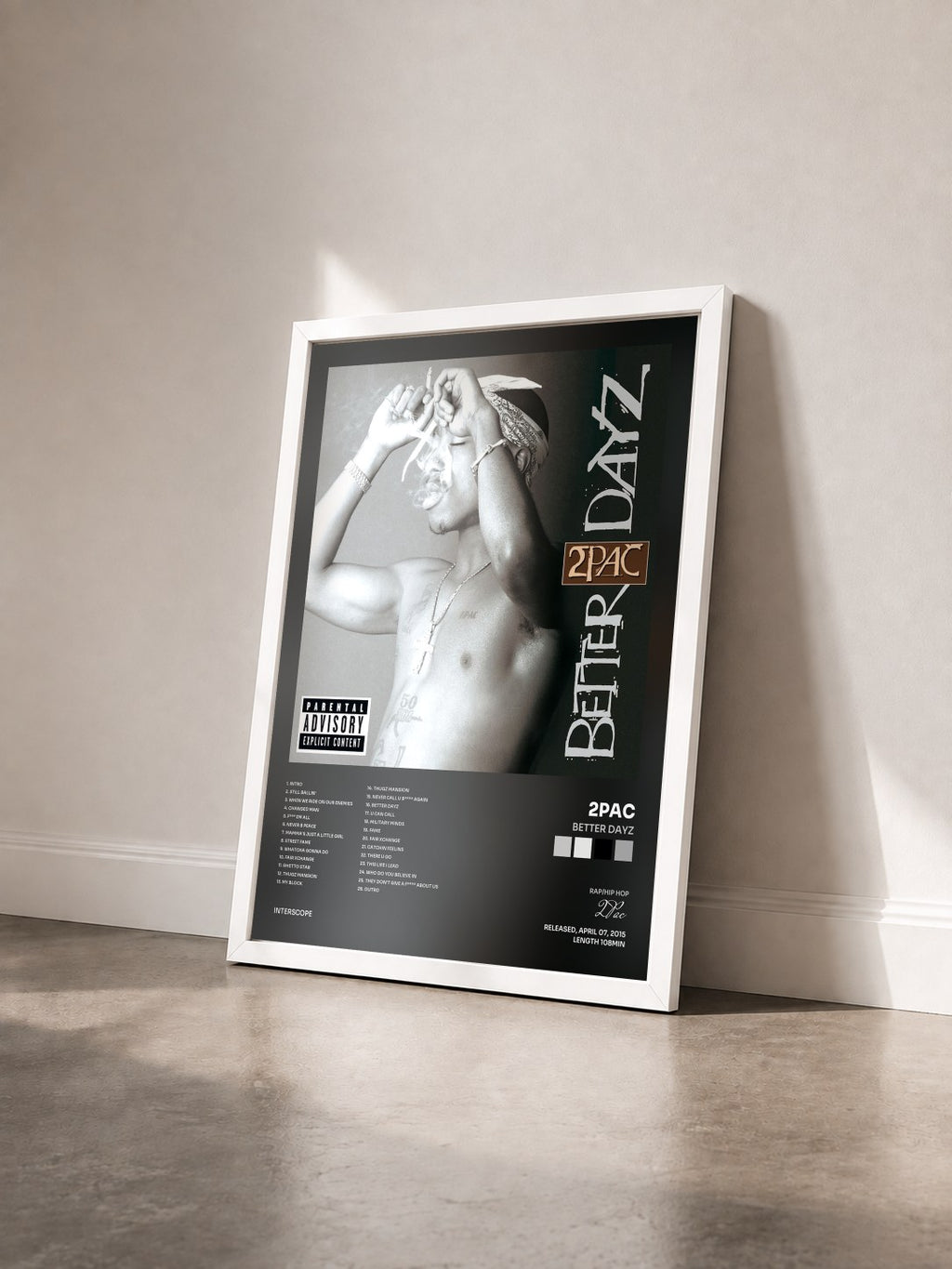 #blanc Tableau de l'album Better Dayz de 2Pac vu de trois quarts, cadre blanc