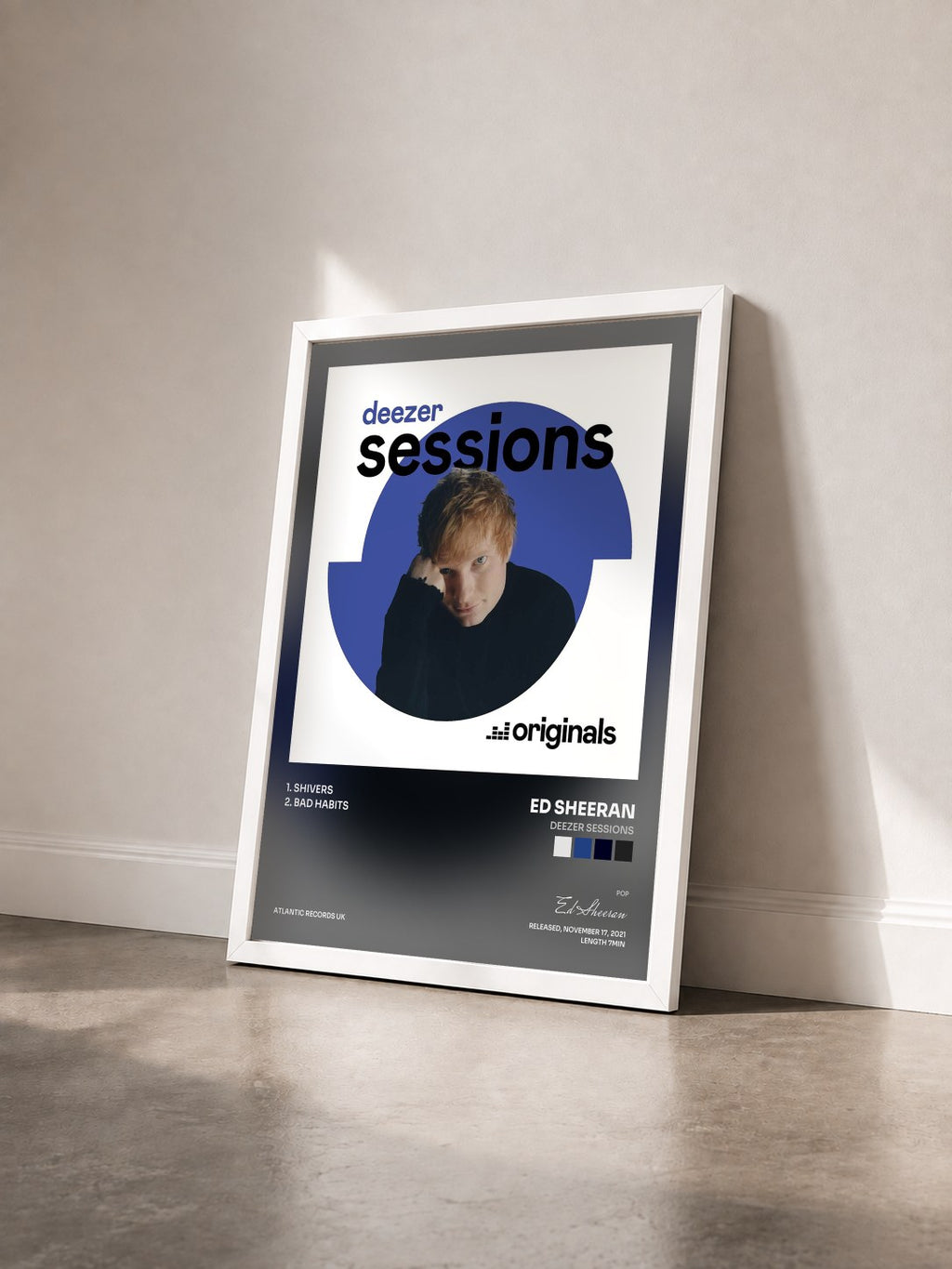 #blanc Tableau de l'album Deezer Sessions de Ed Sheeran vu de trois quarts, cadre blanc