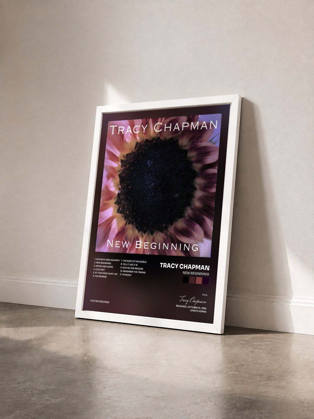 #blanc Tableau de l'album New Beginning de Tracy Chapman vu de trois quarts, cadre blanc