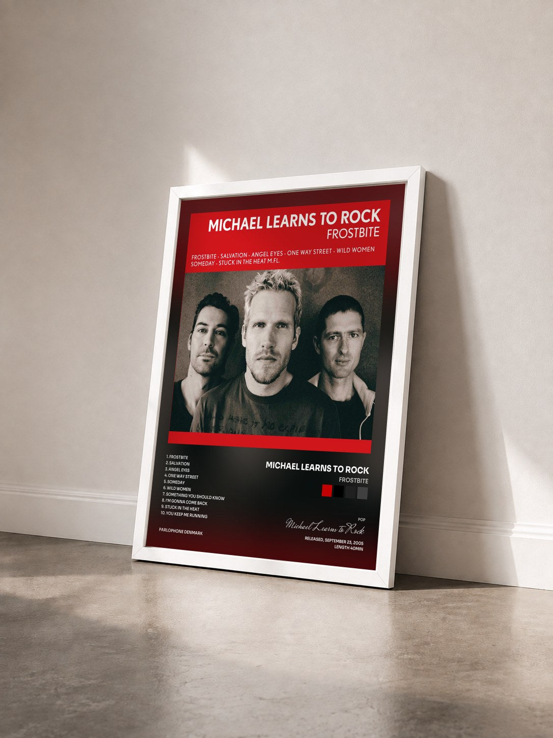 #blanc Tableau de l'album Frostbite de Michael Learns to Rock vu de trois quarts, cadre blanc