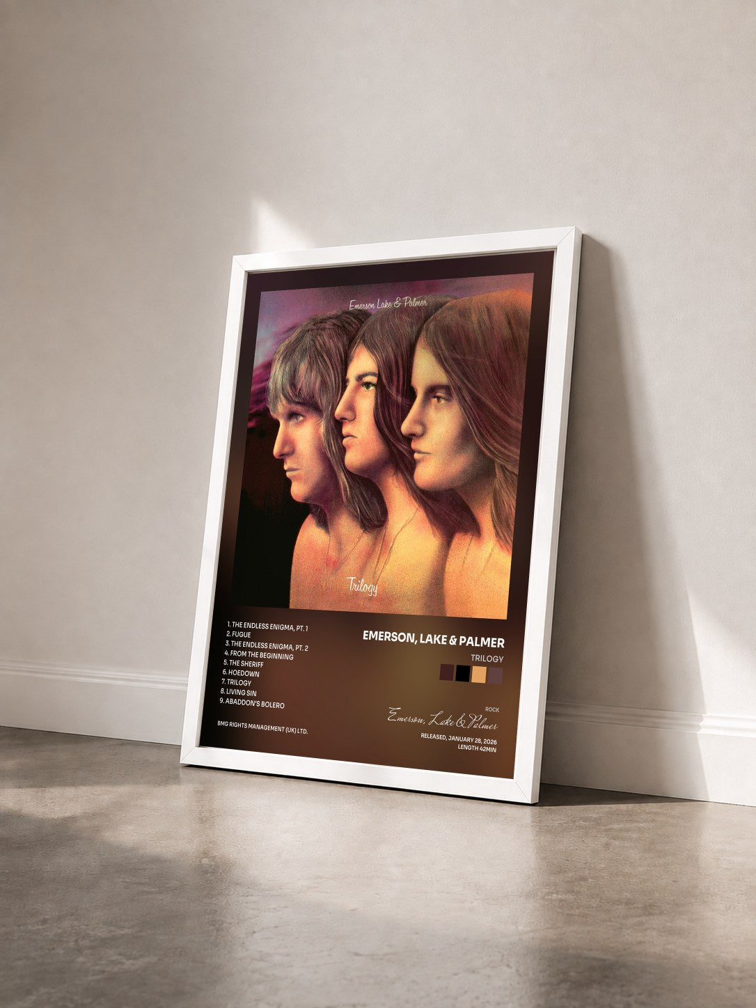 #blanc Tableau de l'album Trilogy de Emerson, Lake & Palmer vu de trois quarts, cadre blanc