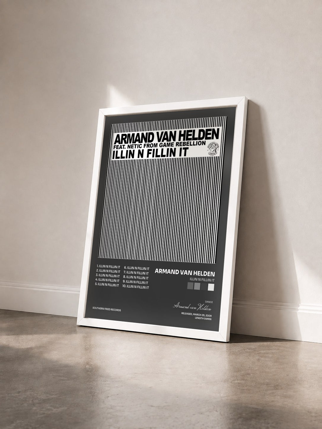 #blanc Tableau de l'album Illin N Fillin It de Armand van Helden vu de trois quarts, cadre blanc