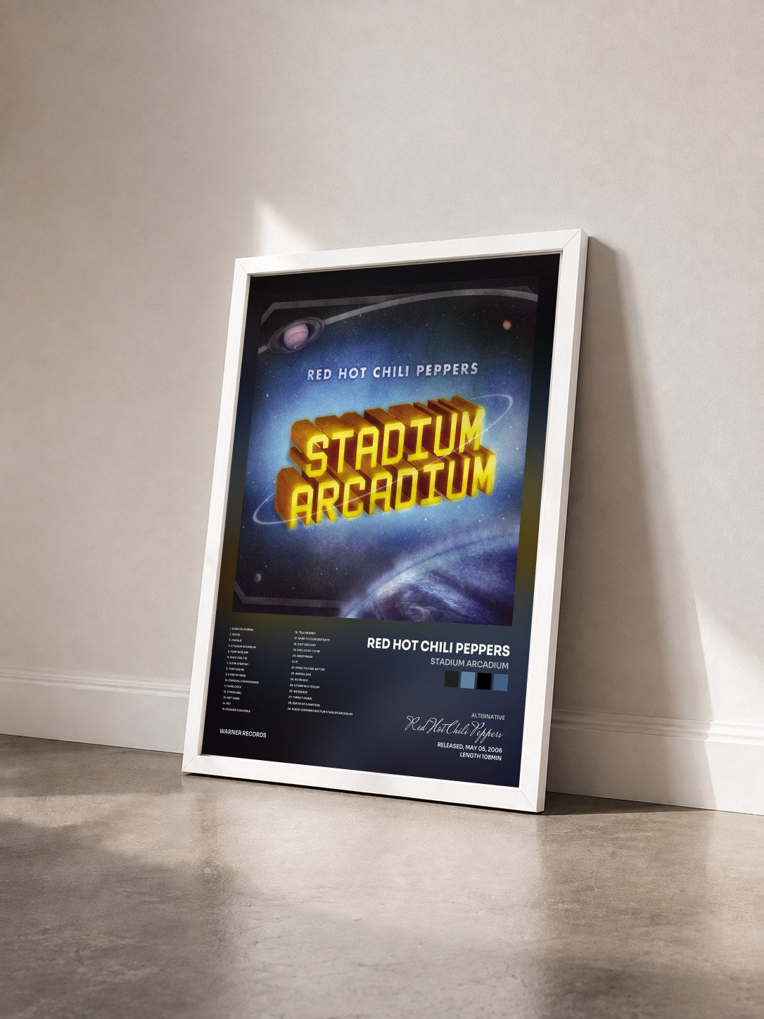 #blanc Tableau de l'album Stadium Arcadium de Red Hot Chili Peppers vu de trois quarts, cadre blanc