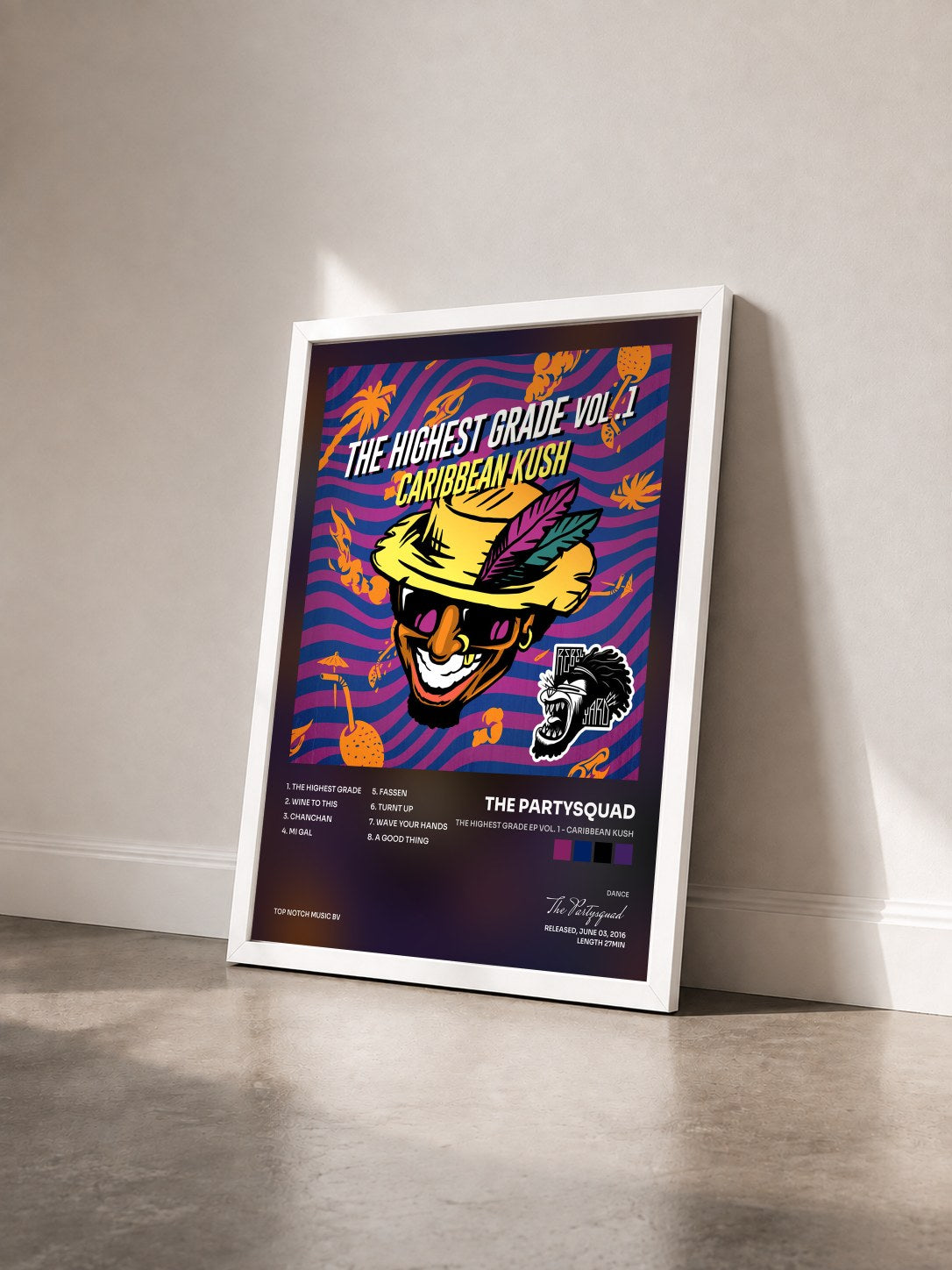 #blanc Tableau de l'album The Highest Grade EP Vol. 1 - Caribbean Kush de The Partysquad vu de trois quarts, cadre blanc