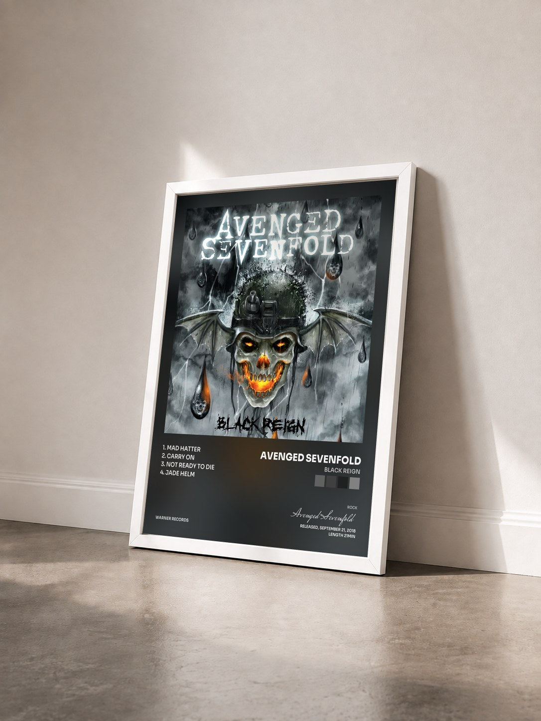 #blanc Black Reign by Avenged Sevenfold as a framed art print seen at an angle, white frame