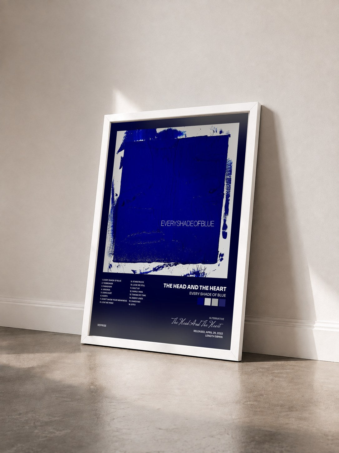 #blanc Tableau de l'album Every Shade of Blue de The Head And The Heart vu de trois quarts, cadre blanc
