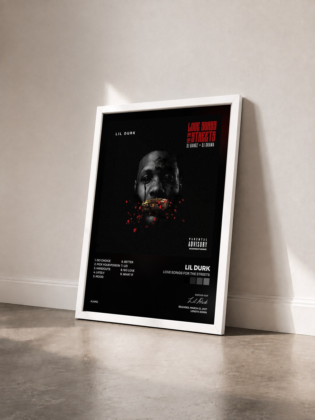 #blanc Tableau de l'album Love Songs for the Streets de Lil Durk vu de trois quarts, cadre blanc