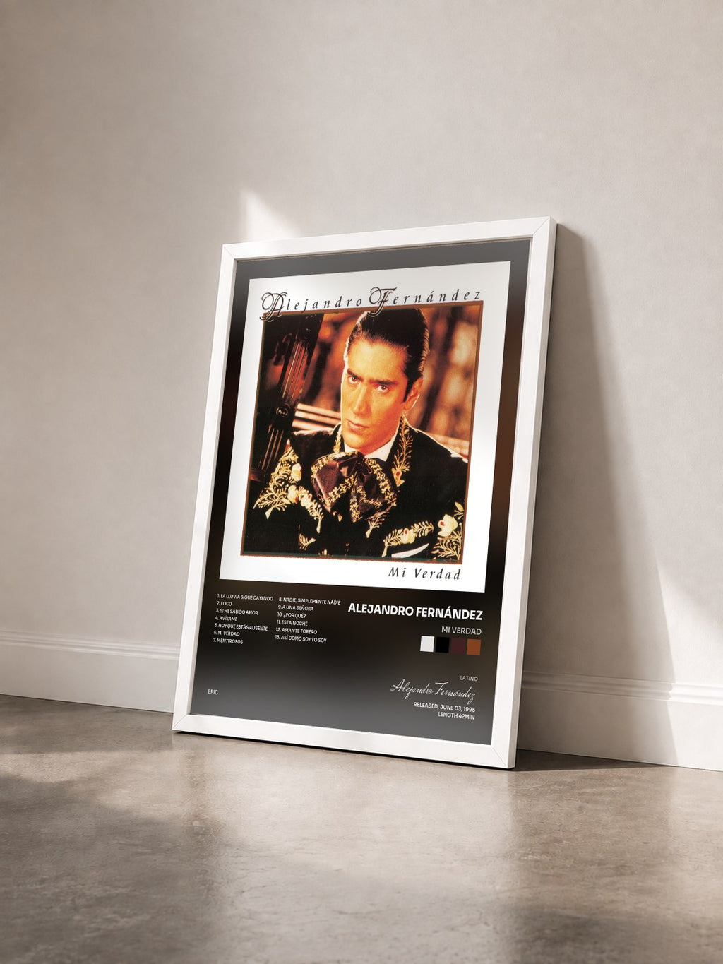 #blanc Tableau de l'album Mi Verdad de Alejandro Fernández vu de trois quarts, cadre blanc