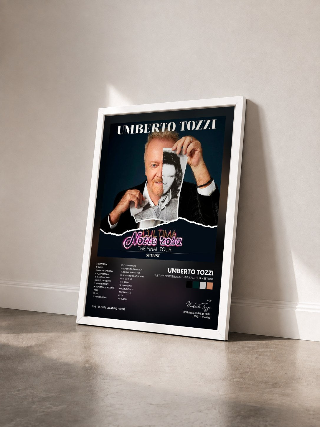#blanc Tableau de l'album L’ultima Notte rosa: The Final tour - Setlist de Umberto Tozzi vu de trois quarts, cadre blanc