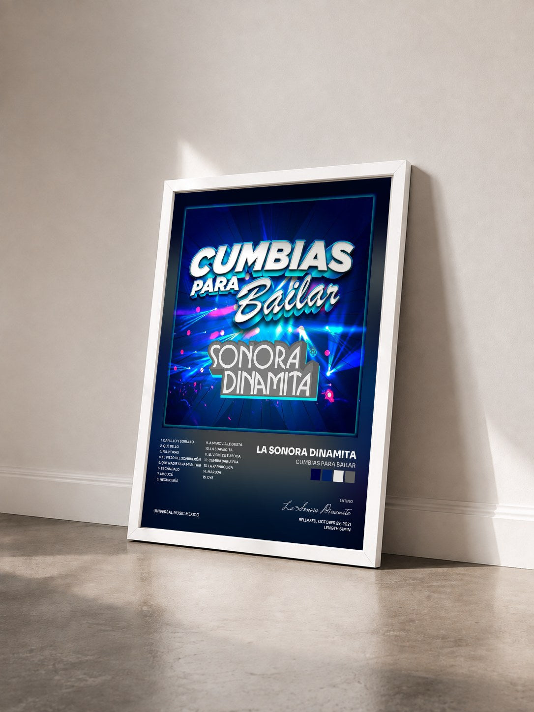#blanc Tableau de l'album Cumbias Para Bailar de La Sonora Dinamita vu de trois quarts, cadre blanc