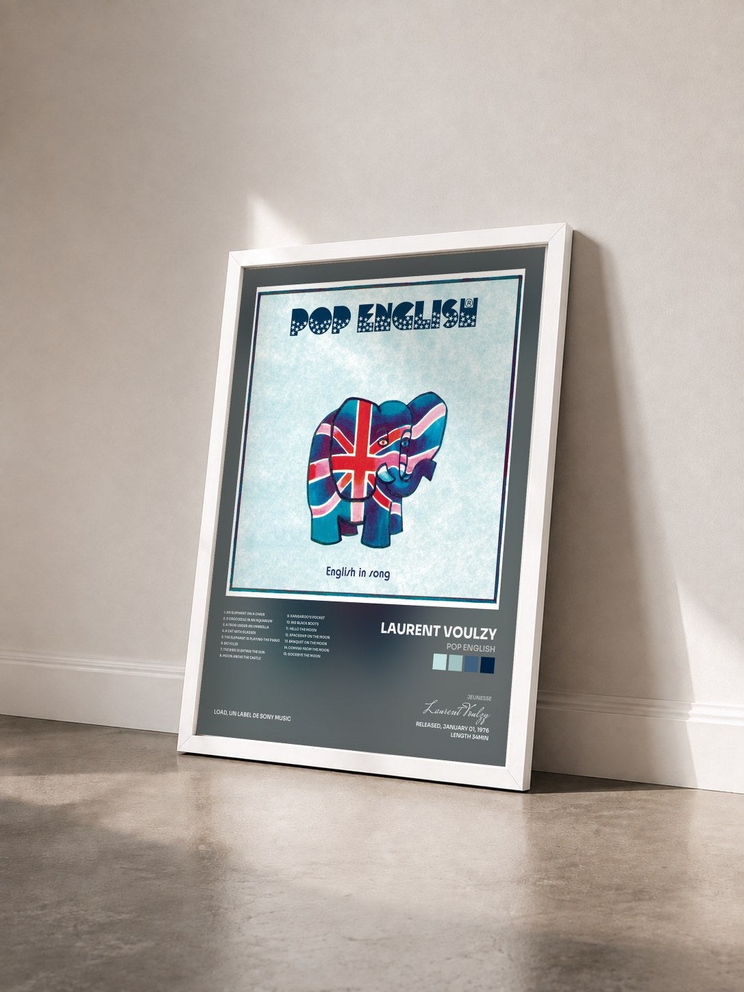 #blanc Tableau de l'album Pop English de Laurent Voulzy vu de trois quarts, cadre blanc