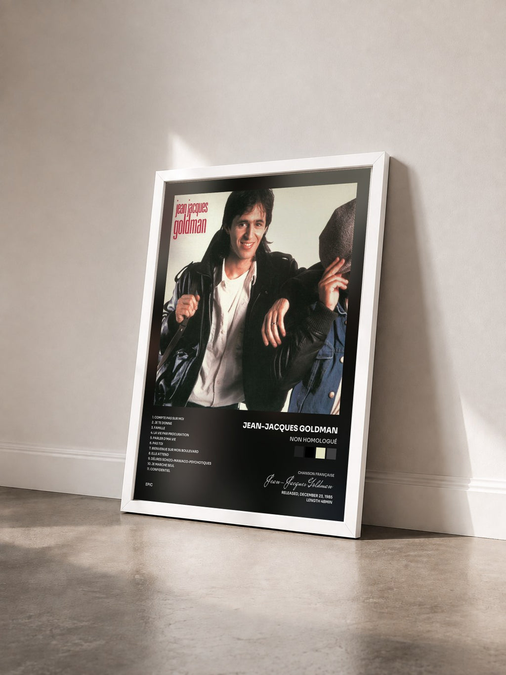 #blanc Tableau de l'album Non homologué de Jean-Jacques Goldman vu de trois quarts, cadre blanc