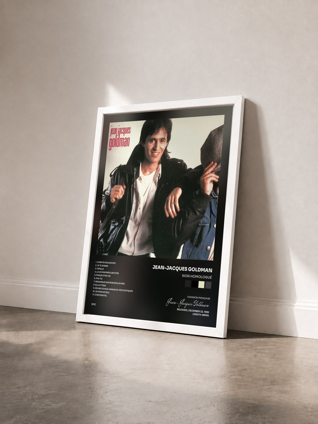 #blanc Tableau de l'album Non homologué de Jean-Jacques Goldman vu de trois quarts, cadre blanc