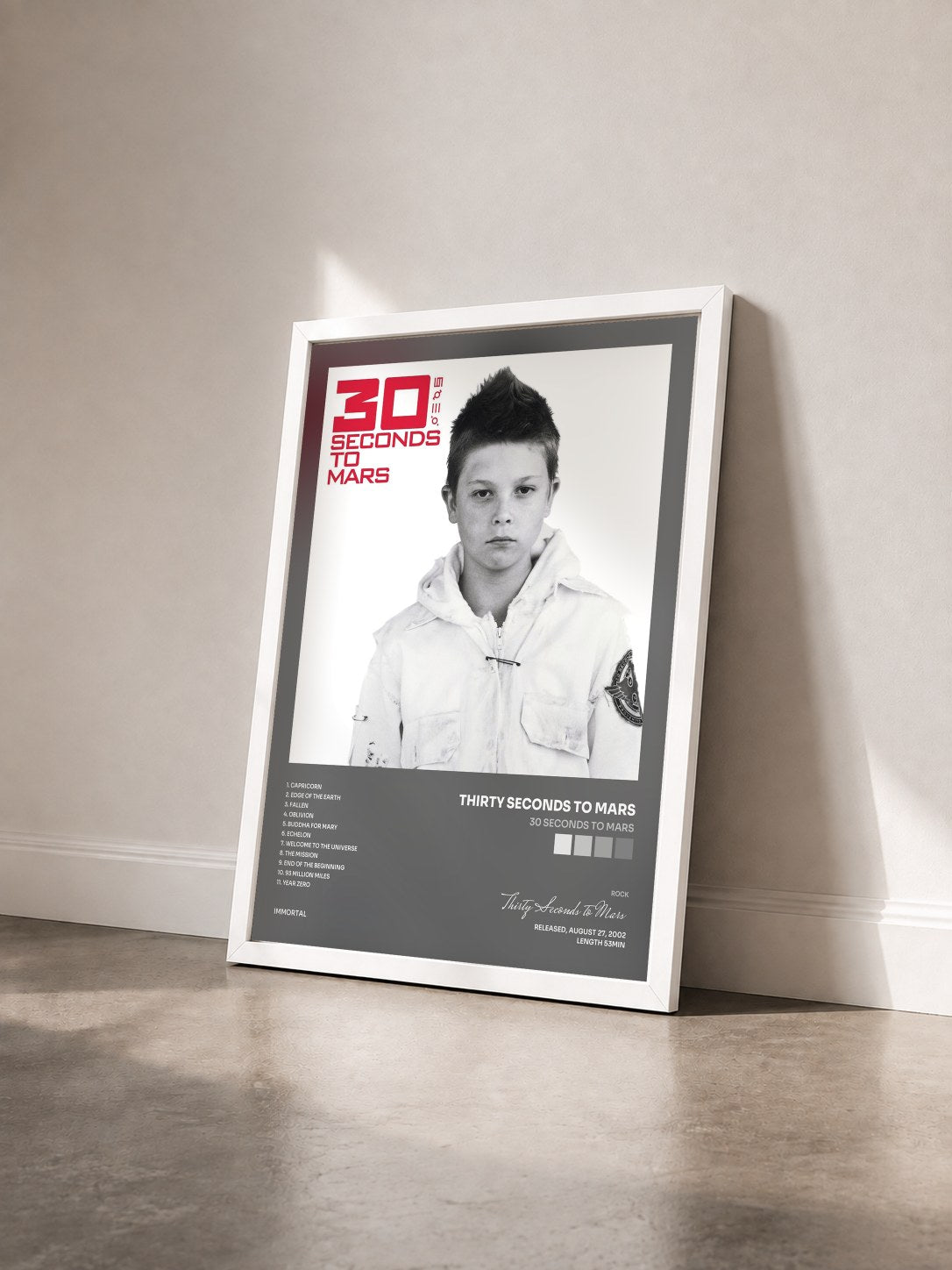 #blanc 30 Seconds To Mars by Thirty Seconds to Mars as a framed art print seen at an angle, white frame