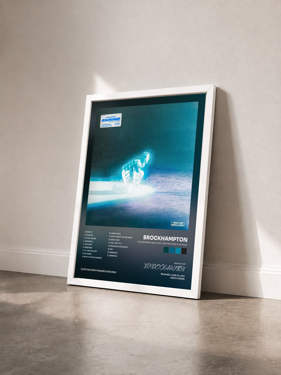 #blanc Tableau de l'album ROADRUNNER: NEW LIGHT, NEW MACHINE PLUS PACK de BROCKHAMPTON vu de trois quarts, cadre blanc