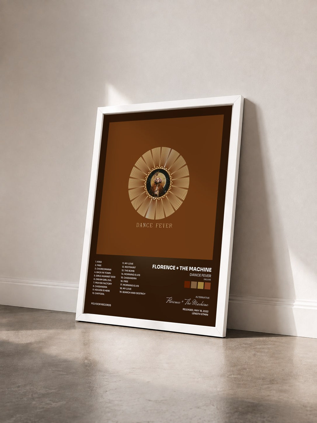 #blanc Tableau de l'album Dance Fever (Deluxe) de Florence + The Machine vu de trois quarts, cadre blanc