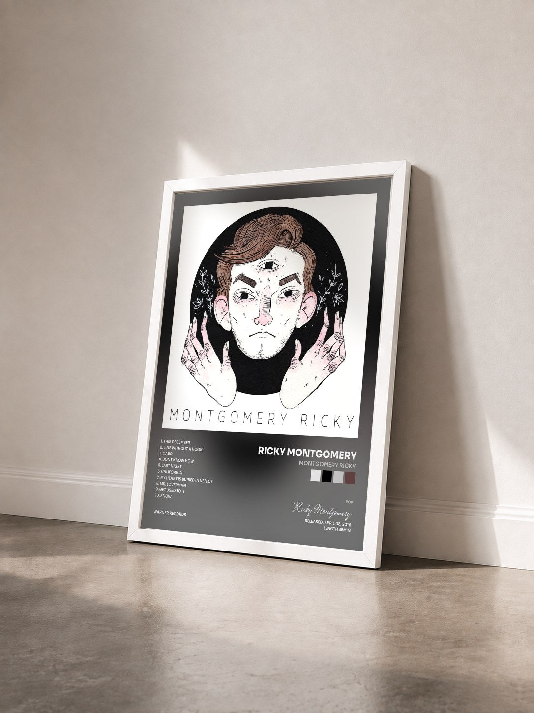 #blanc Tableau de l'album Montgomery Ricky de Ricky Montgomery vu de trois quarts, cadre blanc