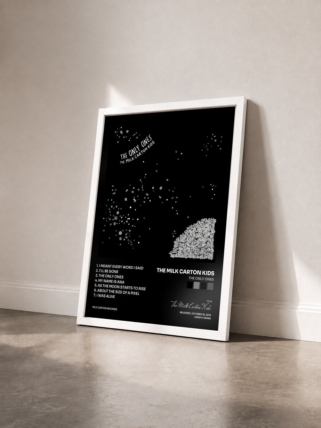 #blanc Tableau de l'album The Only Ones de The Milk Carton Kids vu de trois quarts, cadre blanc
