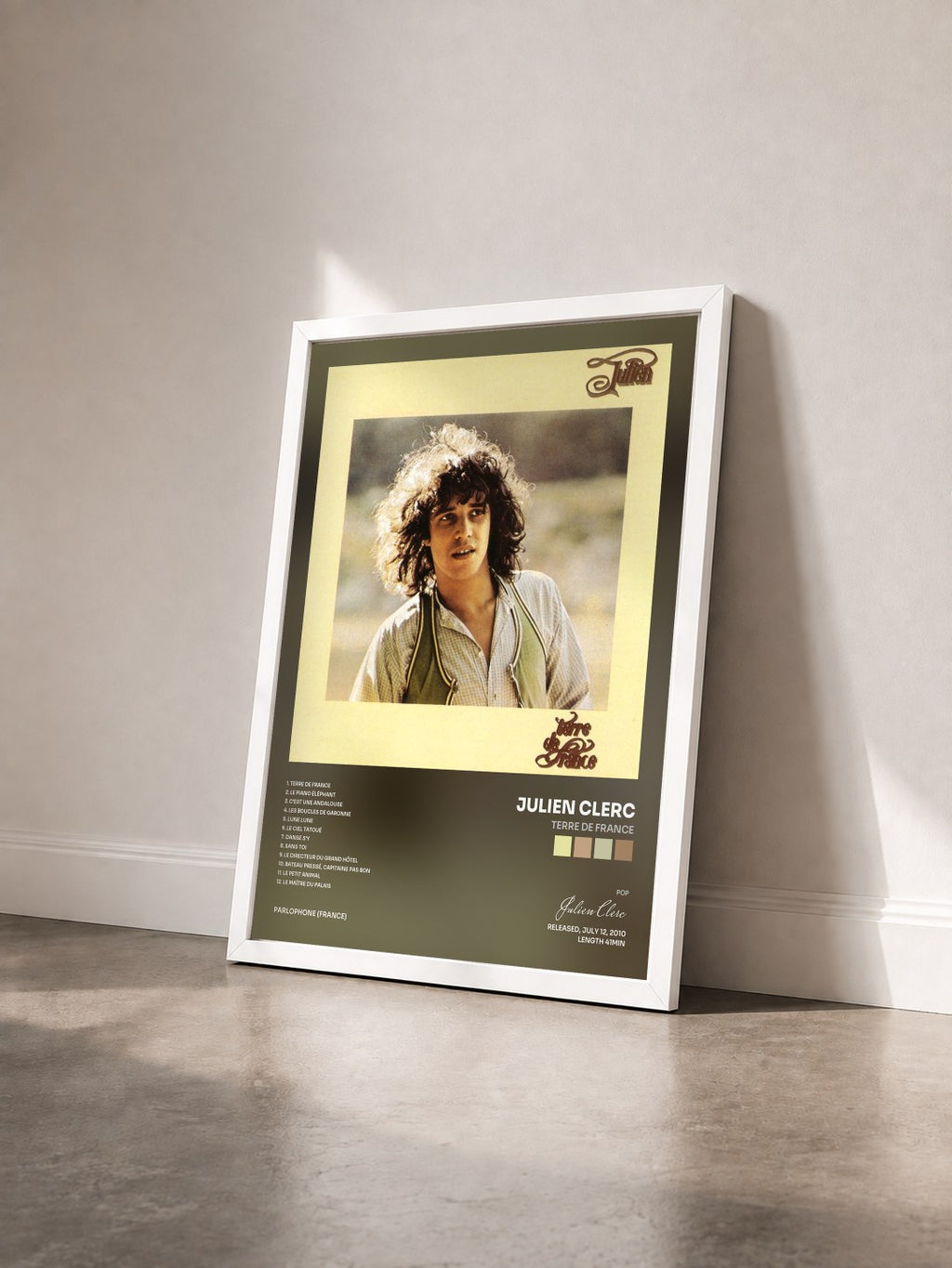 #blanc Terre by France de Julien Clerc as a framed art print seen at an angle, white frame