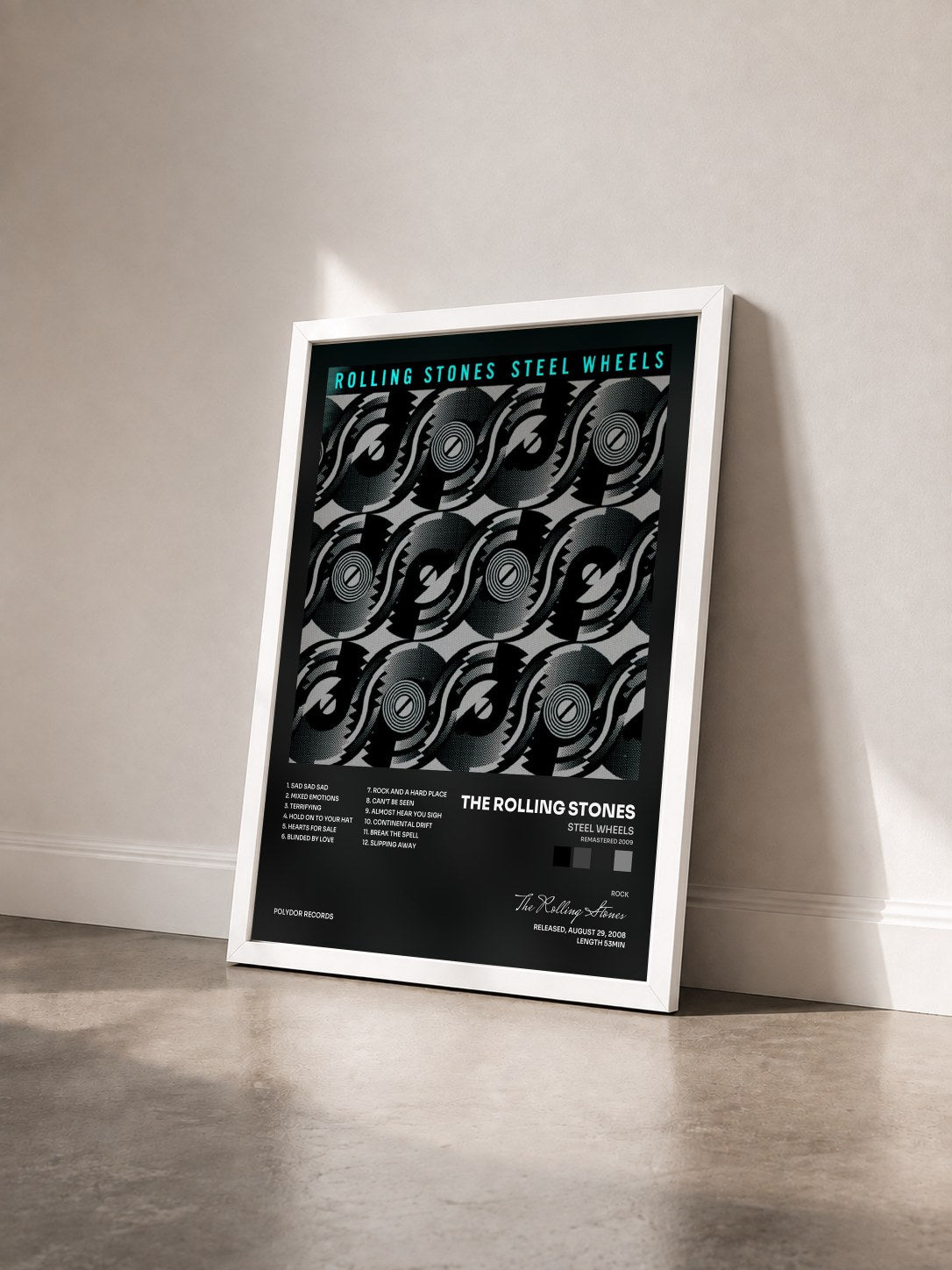 #blanc Tableau de l'album Steel Wheels (Remastered 2009) de The Rolling Stones vu de trois quarts, cadre blanc
