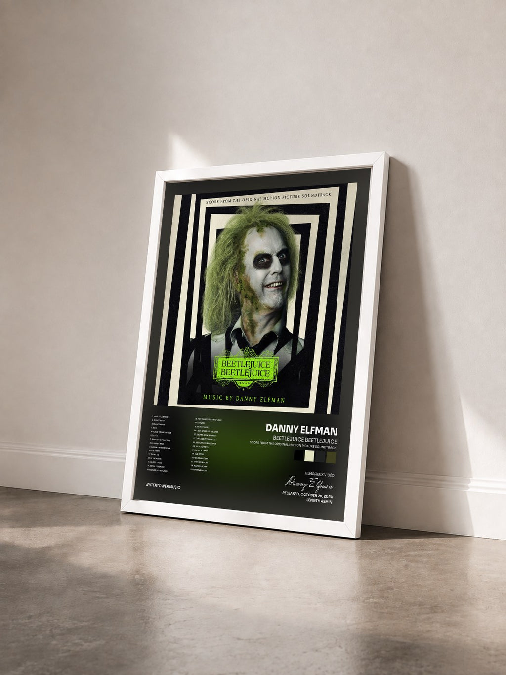 #blanc Beetlejuice Beetlejuice (Score from the Original Motion Picture Soundtrack) by Danny Elfman as a framed art print seen at an angle, white frame