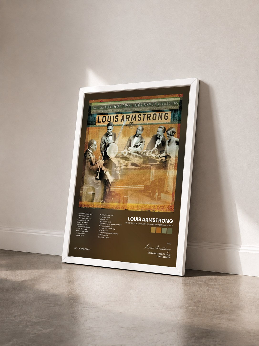 #blanc Tableau de l'album The Complete Hot Five And Hot Seven Recordings Volume 2 de Louis Armstrong vu de trois quarts, cadre blanc