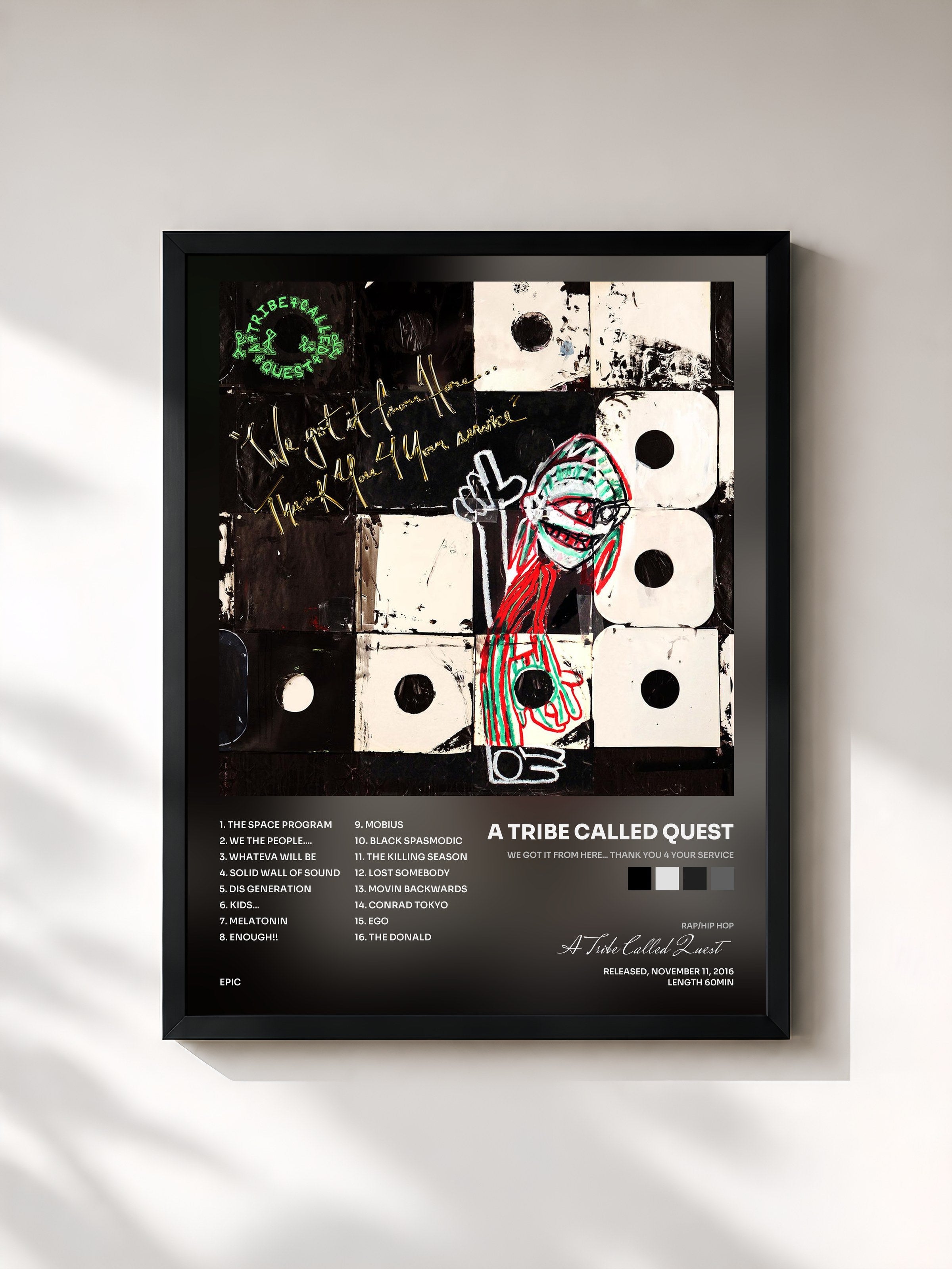 #noir Tableau de l'album We got it from Here... Thank You 4 Your service de A Tribe Called Quest, cadre noir, imprimé et encadré en France